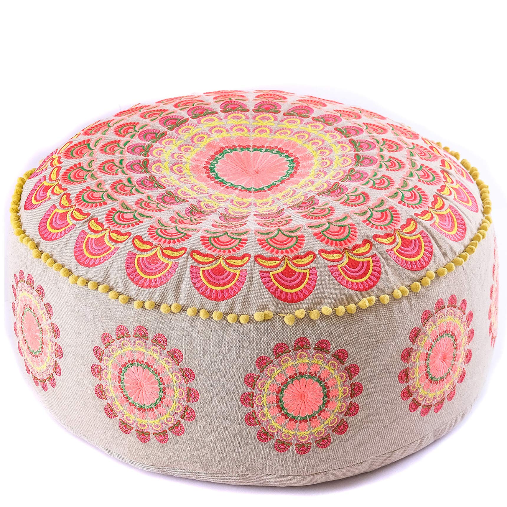 Mandala Life Art Bohemian Yoga Decor Floor Cushion Cover - Insert Included - Round Medition Pillow Case - Hand Printed Organic Cotton Pouf