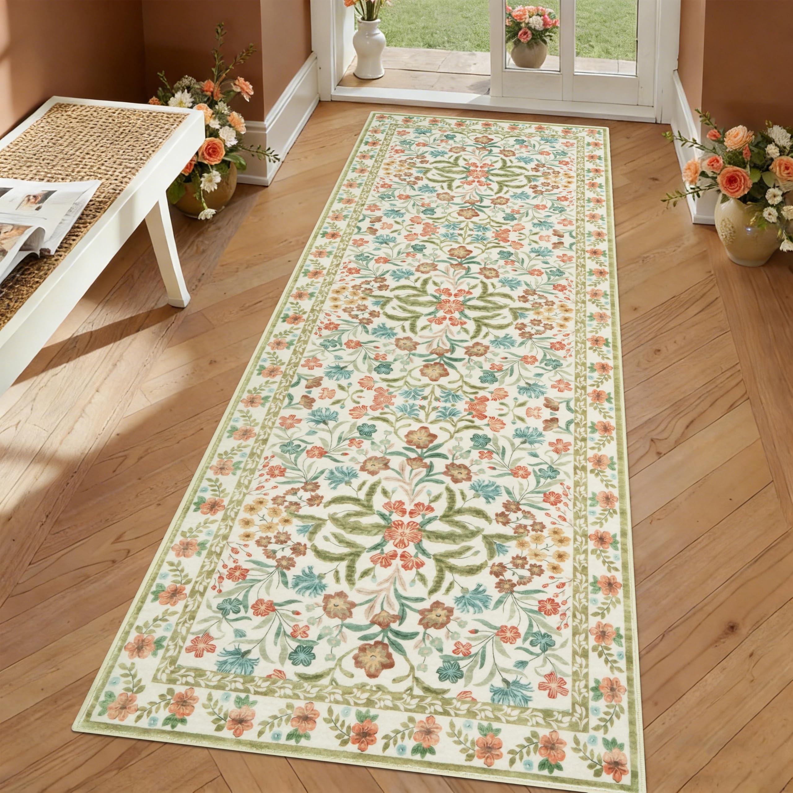 Edlbaegy Carpet Runners for Hallways Washable Floral Hallway Runner Rug Orange 65x180cm Boho Non-slip Kitchen Runner Floor Mat Low Pile Floor Carpet for Entrance Laundry Bedroom