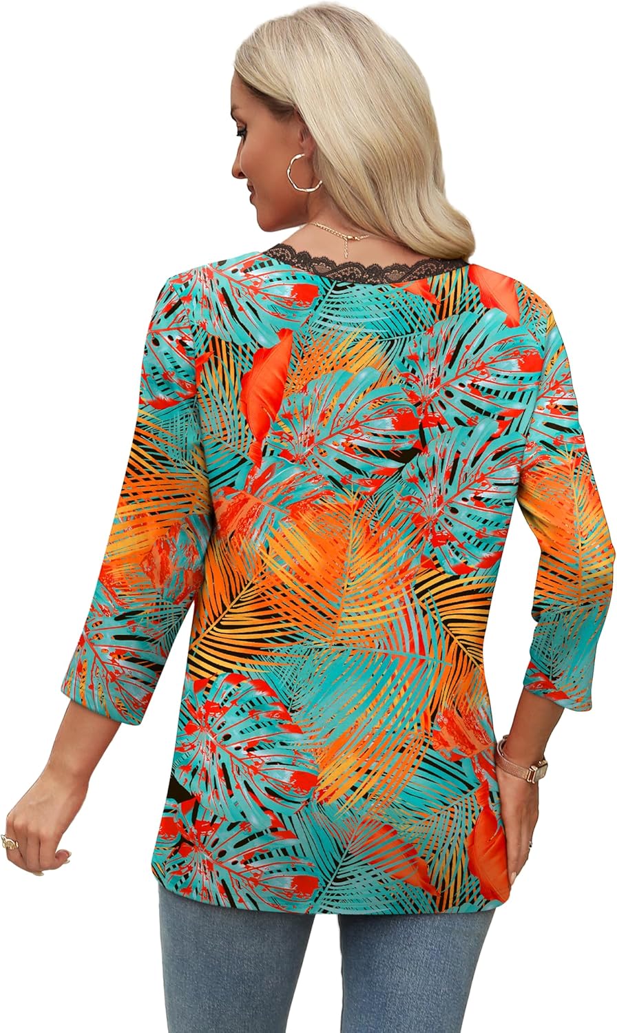 WIHOLL 3/4 Length Sleeve Womens Tops Lace V Neck Tunic Tops Loose Fit Dressy Casual Shirts Blouses - Image 4