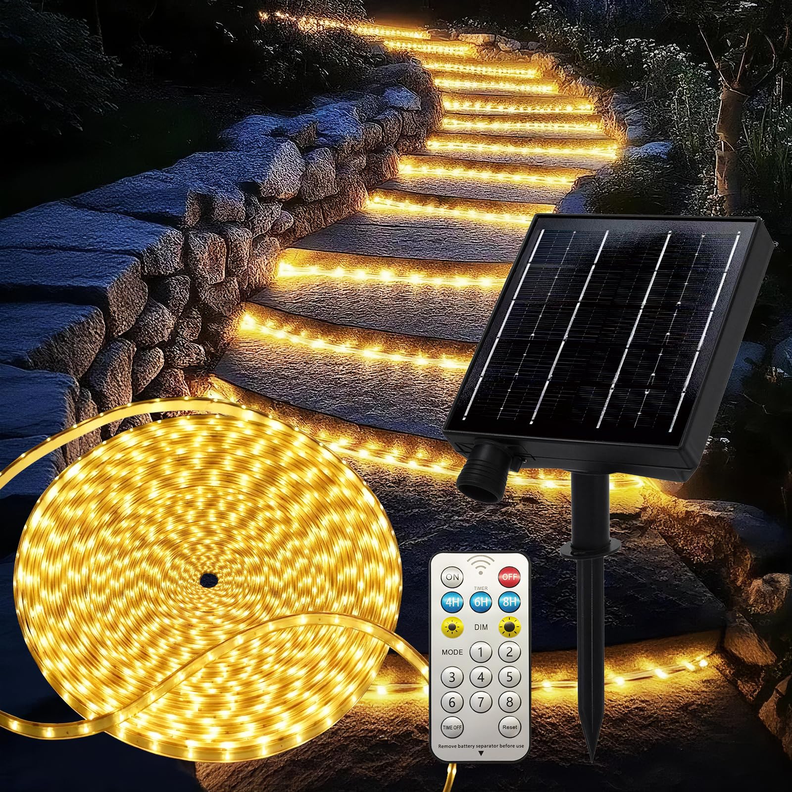 Tira LED solar para exteriores, 20 m, blanco cálido, 8 modos, IP65, resistente al agua, flexible cadena de luces LED para jardín, terraza, balcón, cenador, camino, decoración de aleros o valla