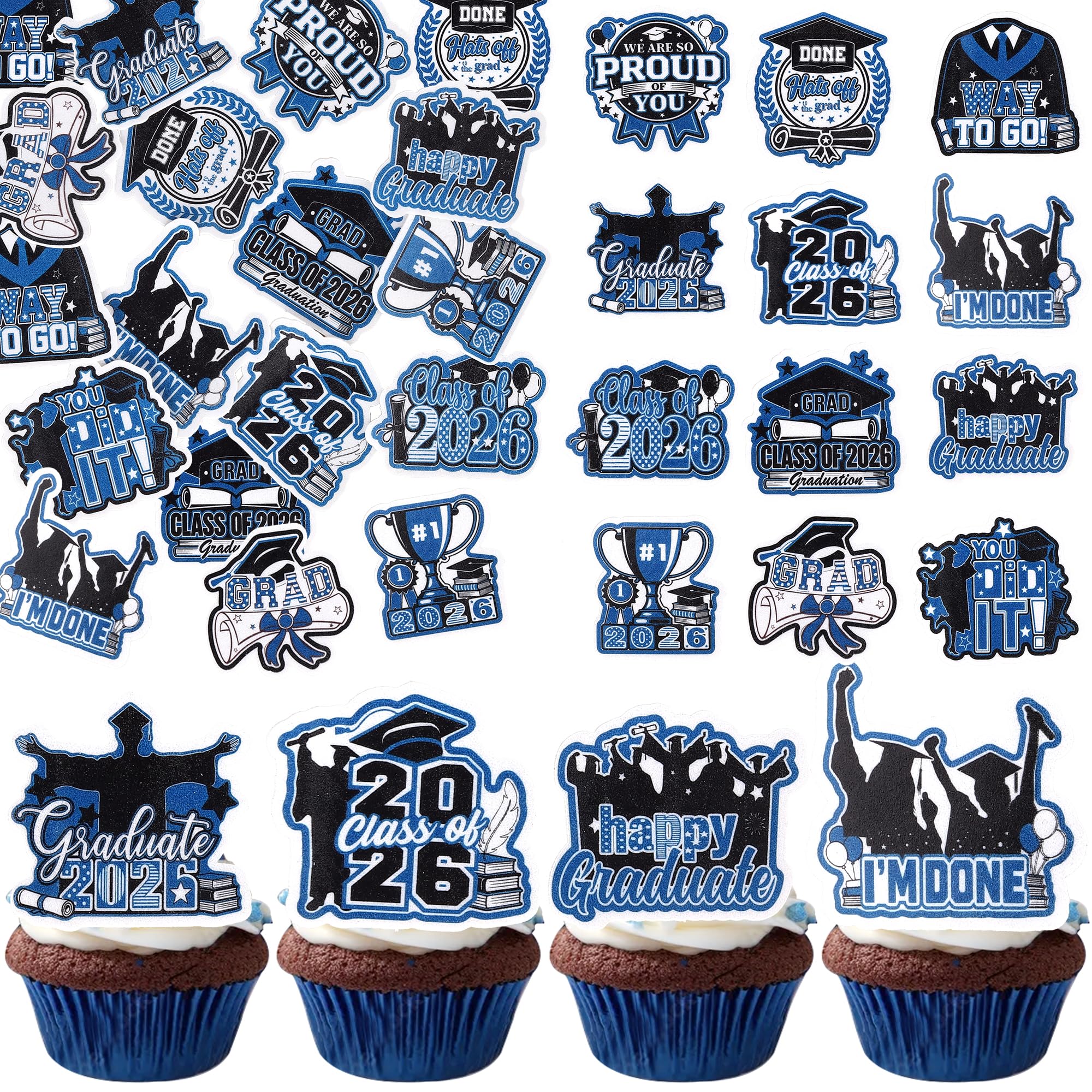 SYKYCTCY 60 Pack Edible Class of 2026 Cupcake Toppers Wafer Paper 2026 Graduation Cupcake Picks So Proud of You Done Diploma Grad Cap Cake Decorations for 2026 Graduation Theme Party Supplies