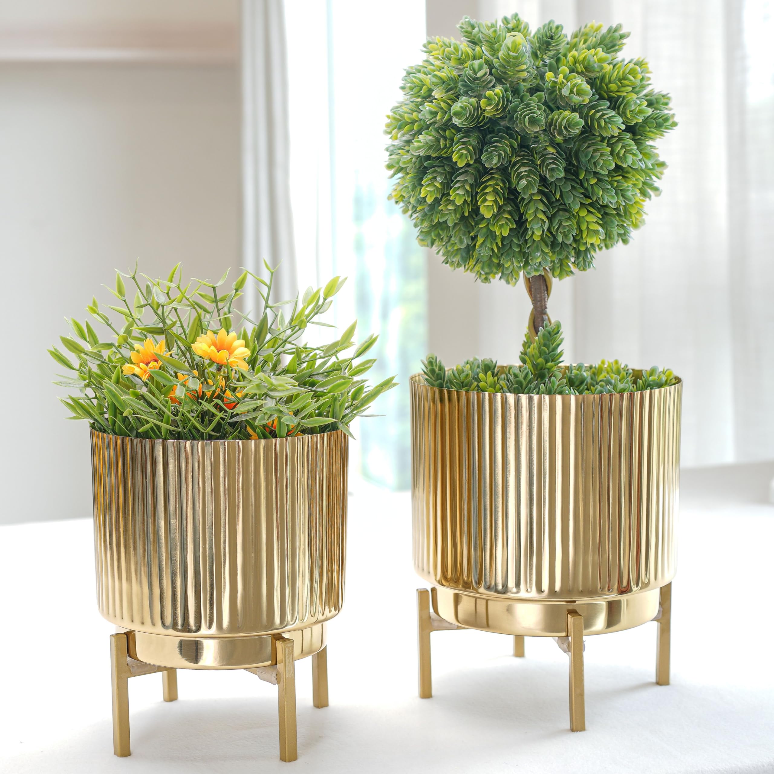BEHOMA Fluted Metal Indoor Planters with Stands for Table Top and Floor | Living Room Drawing Room Balcony Office Plant Pots | Set of 2 Golden Metal planters with Stands (Plants not Included)-image-24