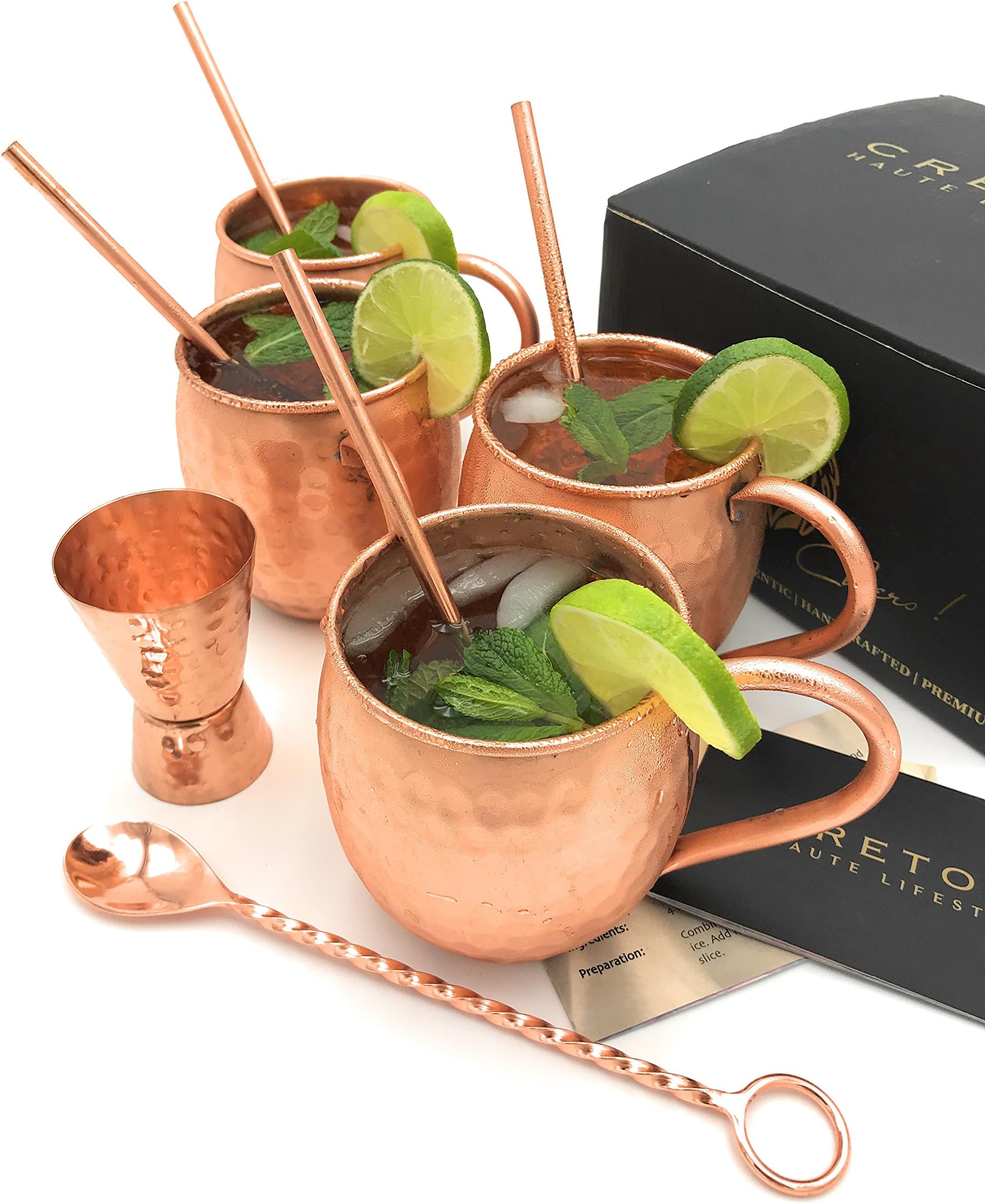 Cretoni Copperlin Pure Copper Hammered Moscow Mule Mugs Set of 4 with Bonus - Handcrafted 16 oz Mugs with 4 Copper Straws, Hammered Jigger & Twisted Bar Spoon - The Ultimate Gift Set!