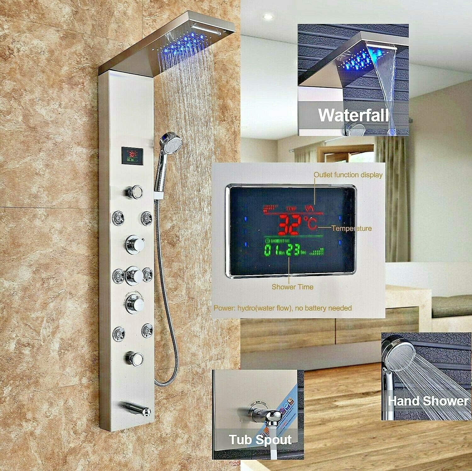 Jimmy Jet LED Shower Panel Stainless Steel with Temperature Display and 8 Massage Nozzles Colour: Nickel