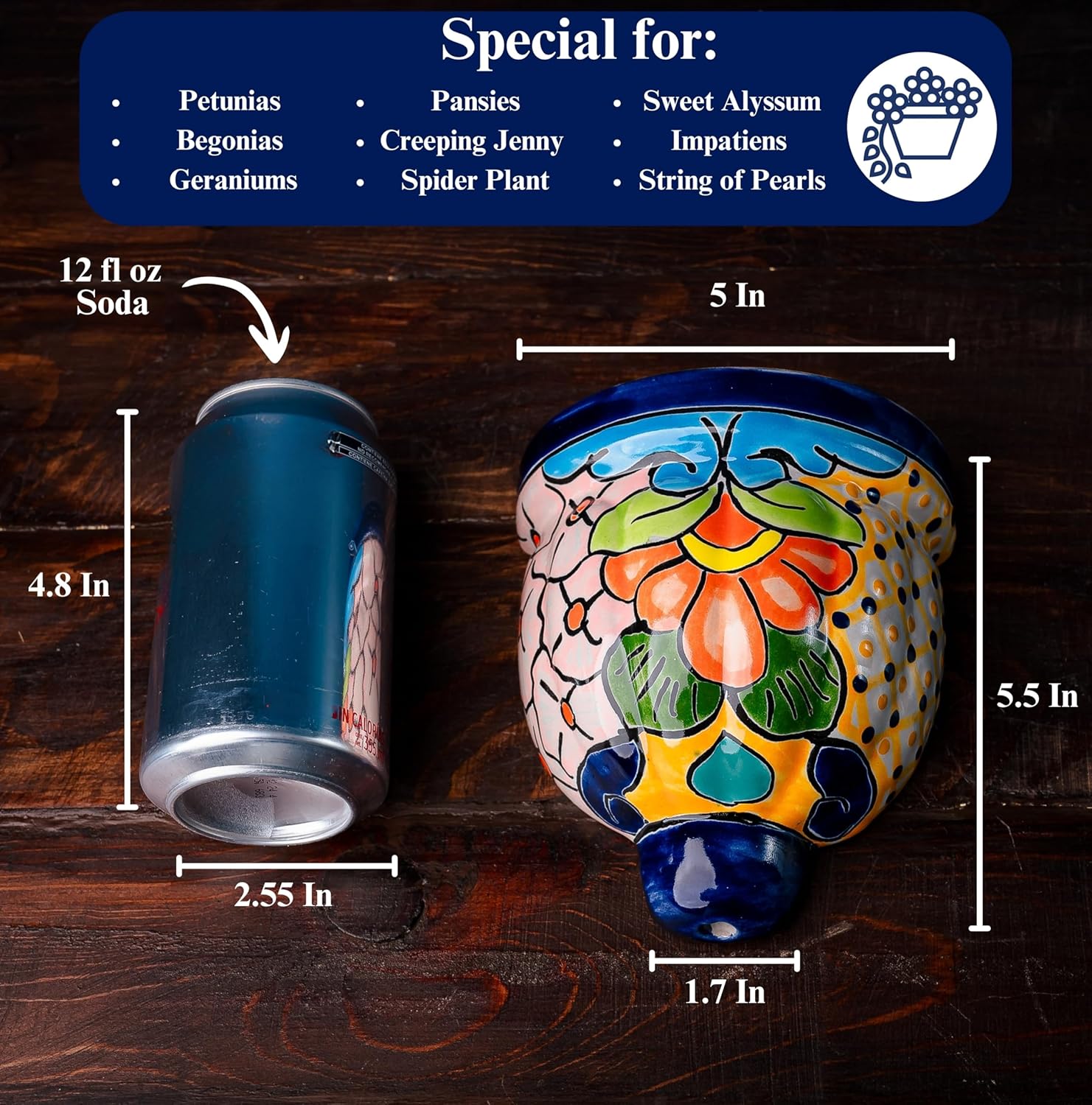 Mexican Pottery Planters - Wall Talavera Planter - Mexican Yard Pottery - Talavera Pots for Plants Indoor & Outdoor – 5" W x 5.5" H (Cobalt Blue-Small)