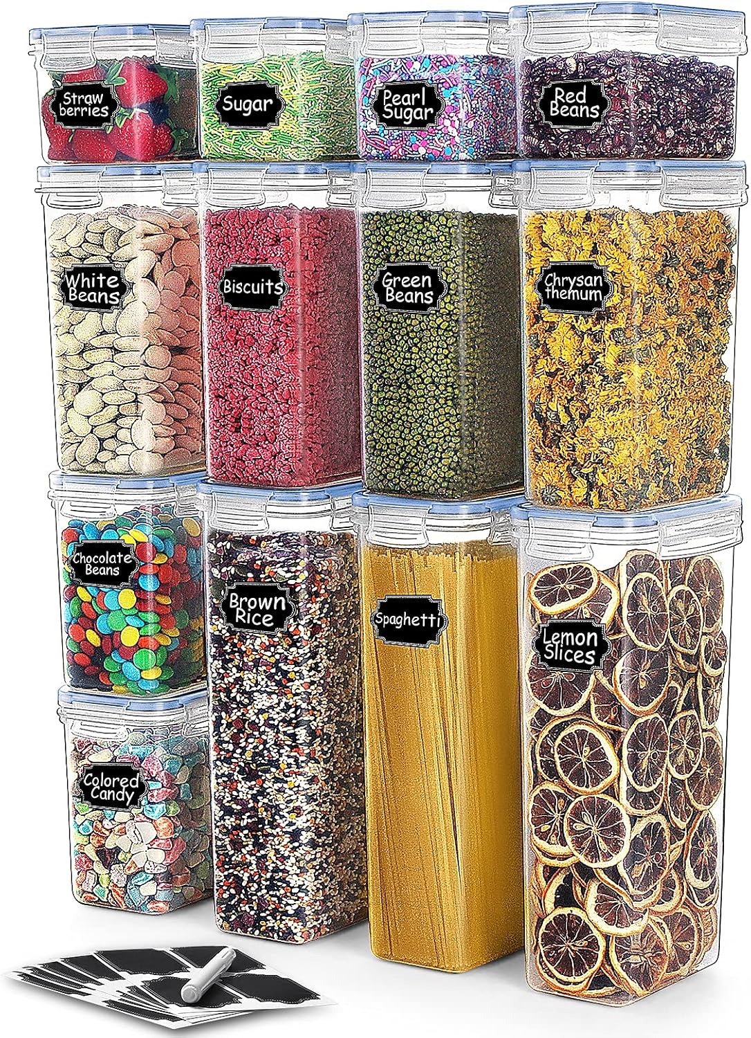 Airtight Food Storage Containers Set,TAEVEKE 13 PCS Cereal & Dry Food Storage Containers with Sealed Lids,BPA Free Plastic Kitchen & Pantry Organization Containers, Free Labels& Marker (Blue)