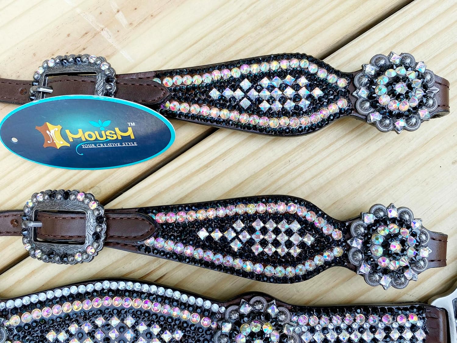 Western Horse Bridle Breast Collar Set - Real Genuine Argentina Cow Leather, Chocolate Brown, Decorated with Pink, Silver, and Black Stones Inlay, Matching Flower Concho