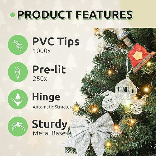 Miniatura 3 de GOOBED Árbol de Navidad preiluminado con control remoto, árbol de Navidad verde de 6 pies con ramas con bisagras y soporte plegable, árbol