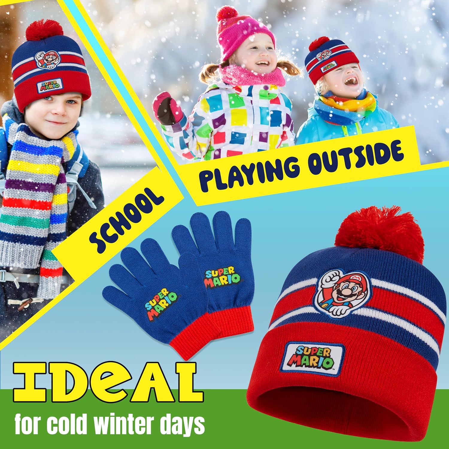 Super Mario Winter Set Gifts for Boys, Teens, 3 Piece Beanie, Scarf, & Gloves, or 2 Piece Gloves & Winter Hat - Image 4
