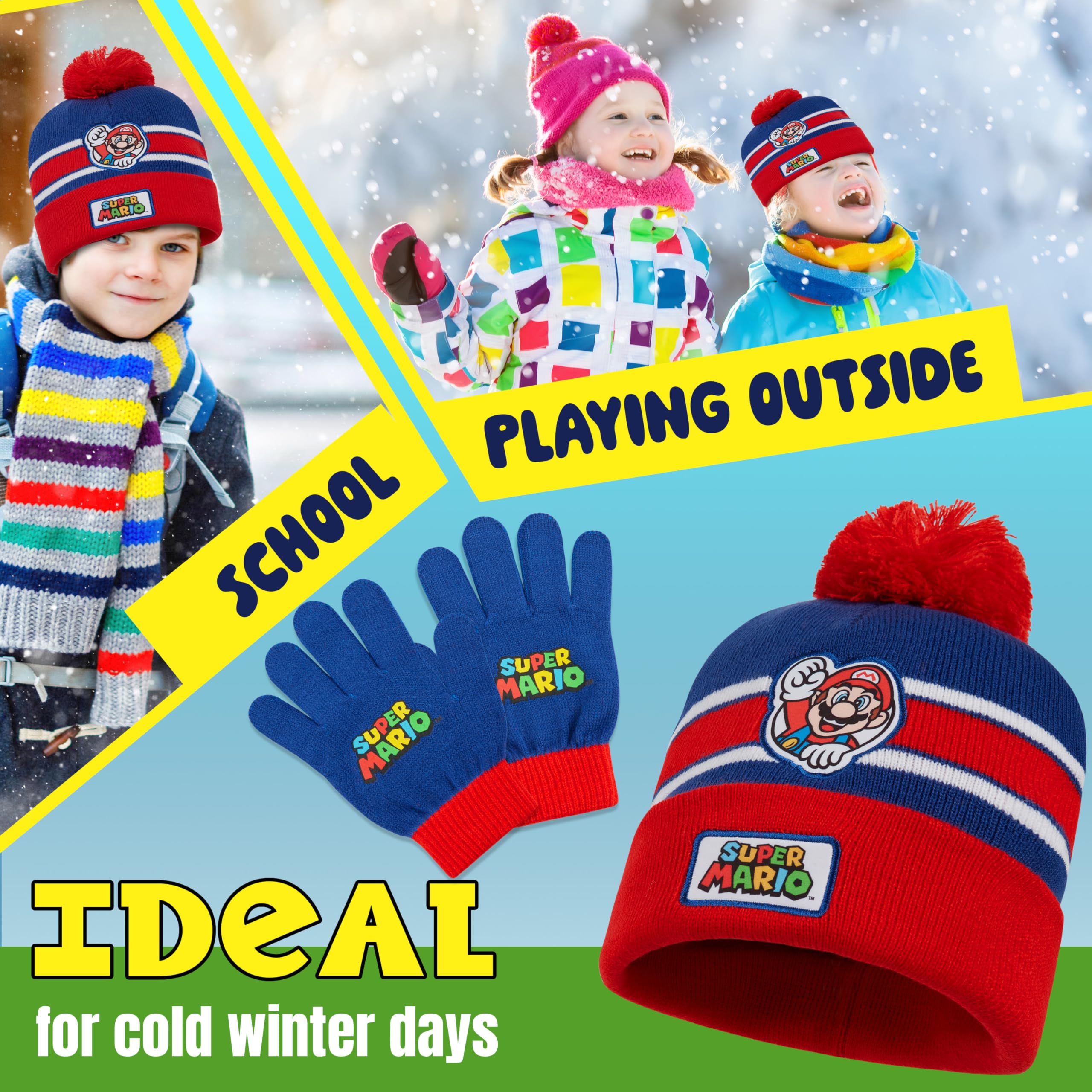 Super Mario Gorro y Guantes Set 2 Pzs o Conjunto Bufanda Gorro y Guantes Niño 3 Piezas, 6-14 Años, Accesorios de Invierno Niños