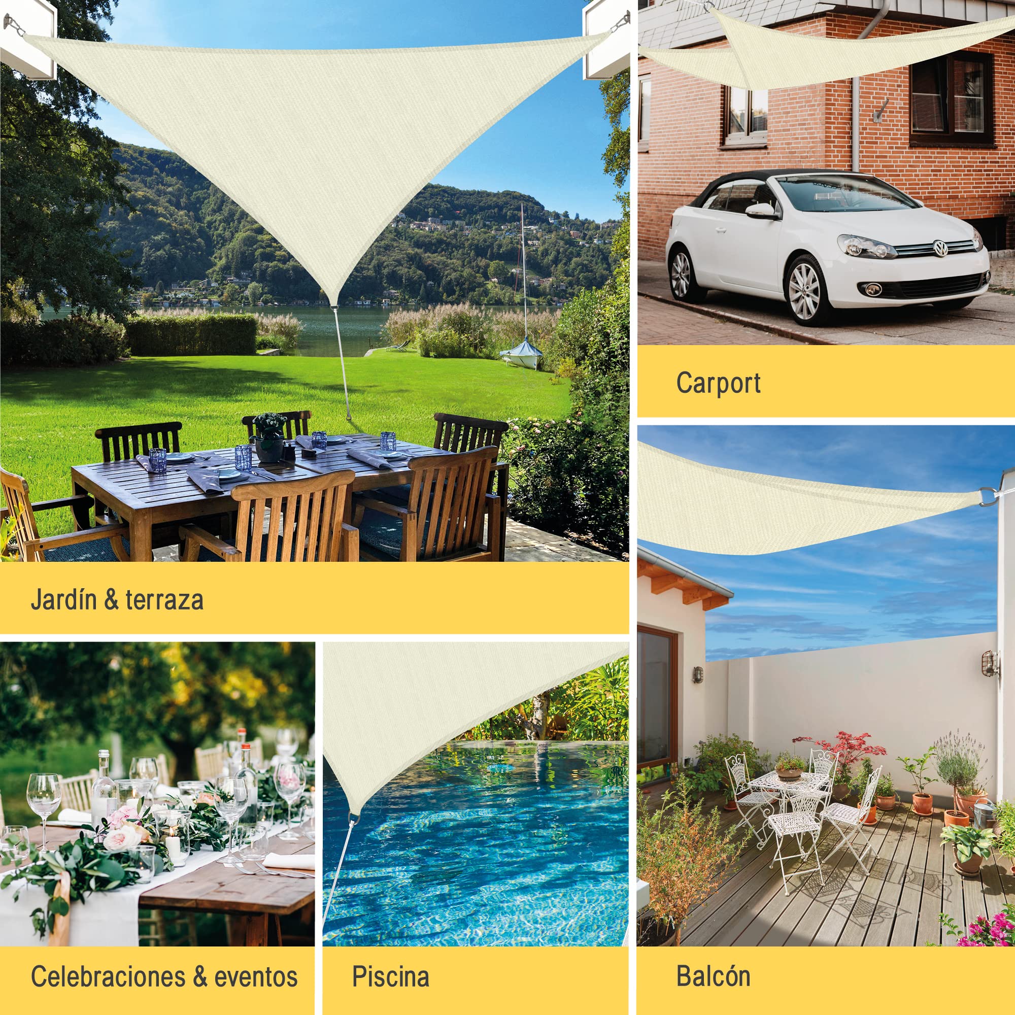 Sol Royal Toldo Vela Rectangular HDPE Transpirable con protección UV Solar | 7x7x7m 700x700x700cm crema parasol para balcón piscina jardín terraza exterior permeable agua triangular Shade Sails HS9
