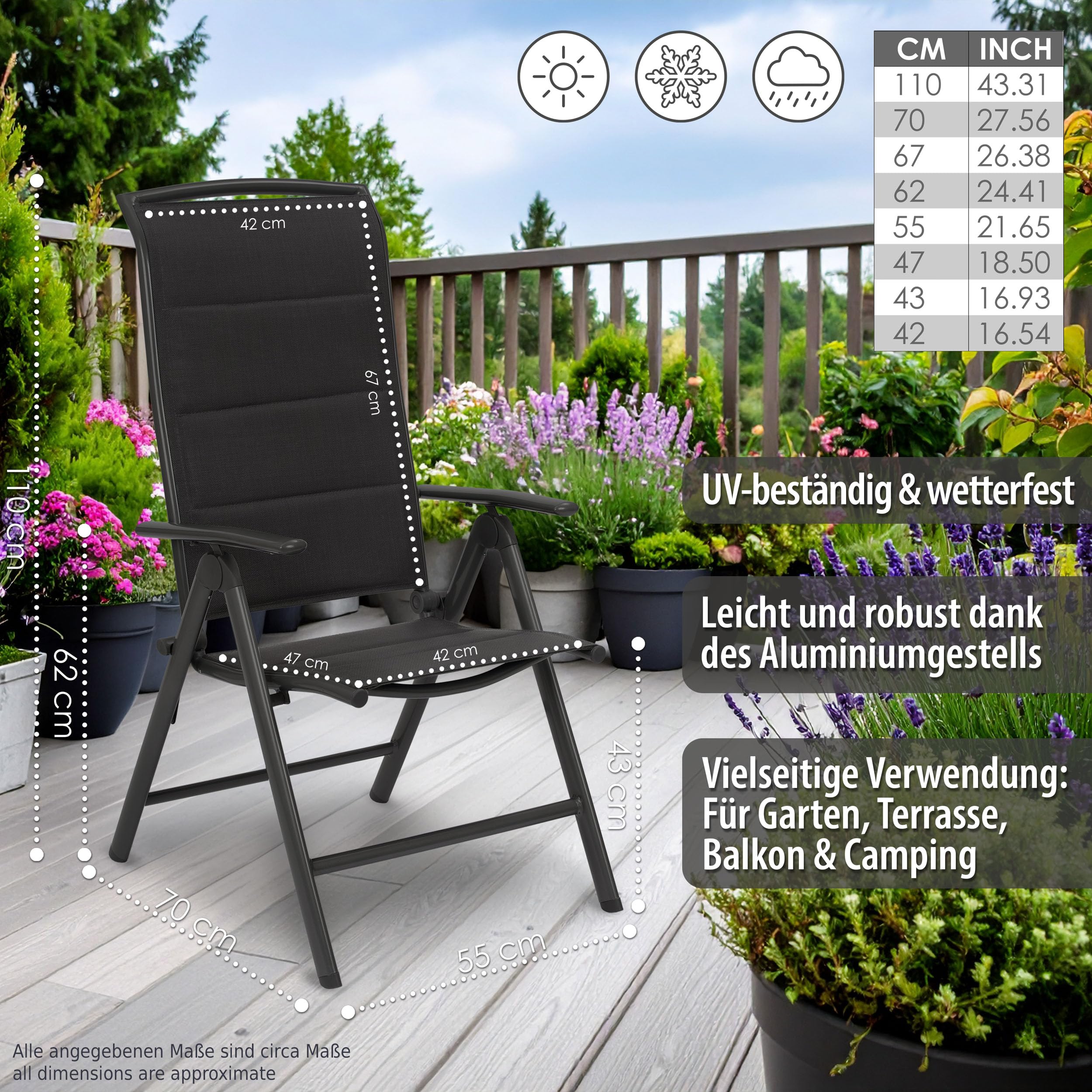 BRUBAKER 2er Set Gartenstühle Milano - Gepolsterte Klappstühle - 8-Fach verstellbare Rückenlehnen - Stühle aus Aluminium - Wetterfest - Anthrazit | 8-fach verstellbare Rückenlehnen - Stühle aus Aluminium - Wetterfest - Anthrazit