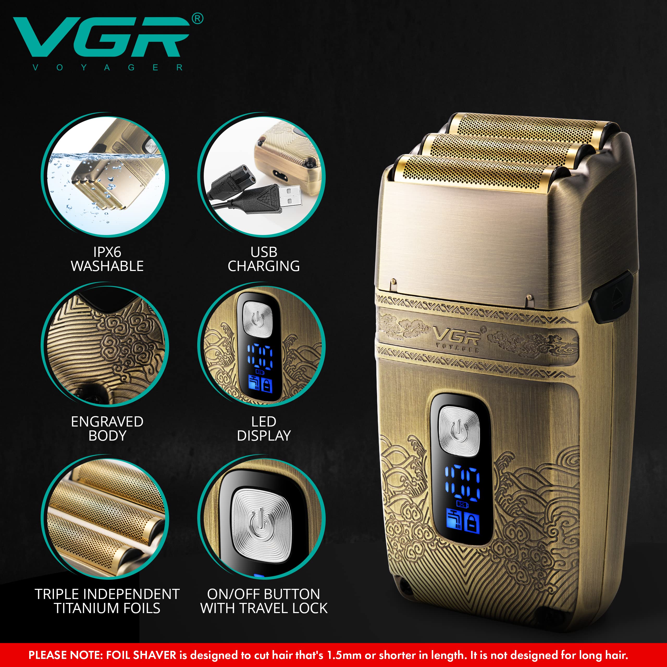 VGR Rasoio elettrico da uomo, con lamina che scolorisce la pelle, impermeabile IPX6, lavabile, ricaricabile, senza fili, per testa calva, barba, viso, ideale per barbieri o uso domestico