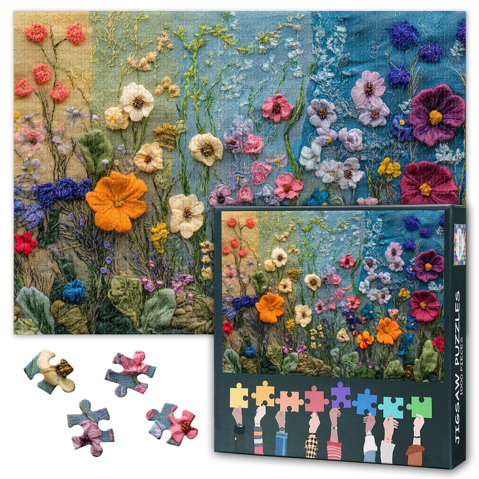 Flowers Jigsaw Puzzles 1000 Pieces for Adults Detailed Close Up of Wildflowers Embroider on a Cloth Rompecabezas Para Adultos Earth Day Biodiversity Impossible Challenging Puzzles 20x28 inch