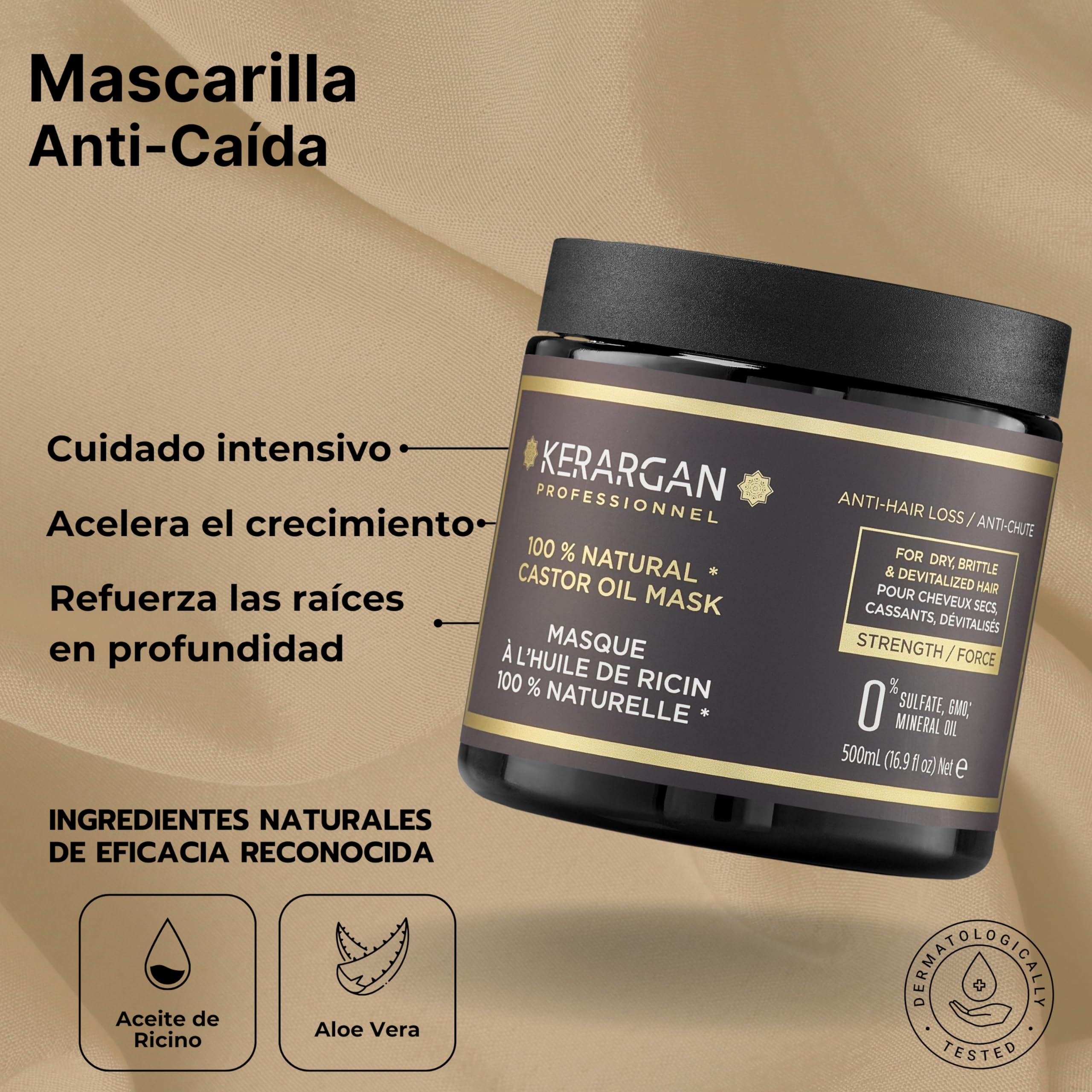 Kerargan - Dúo Anti-Caída Champú & Mascarilla con Aceite de Ricino para Cabello Seco, Debilitado, Desvitalizado - Impulsa el Crecimiento - Sin Sulfatos, Silicona, GMO - 2x500 ml