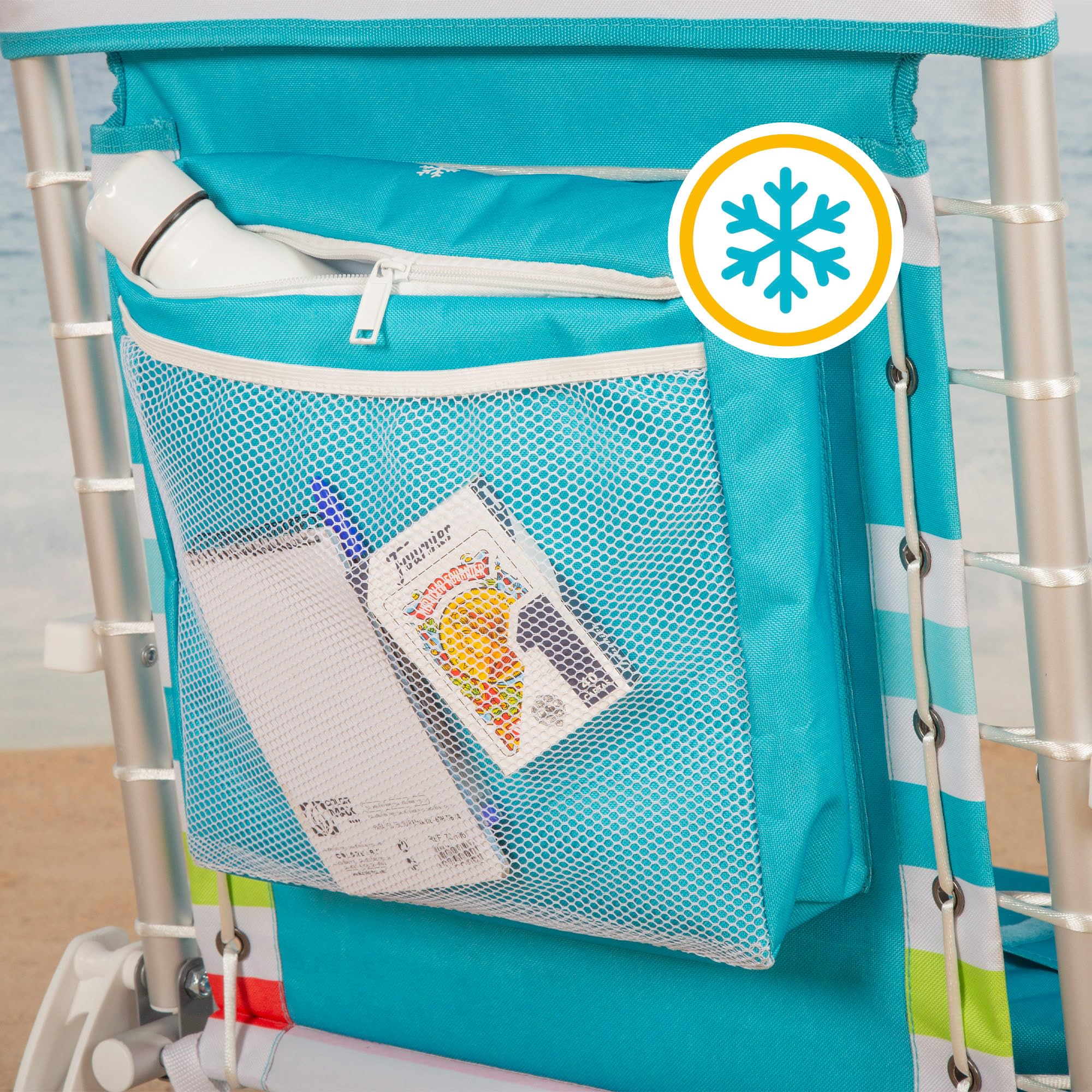 AKTIVE Silla de Playa Plegable, Multicolor, 50x53x77 cm, 5 Posiciones, Aluminio y poliéster, Soporta 110 kg, Bolsillo Lateral y Trasero, Nevera Trasera, Cojín, Transporte Mochila (62544)