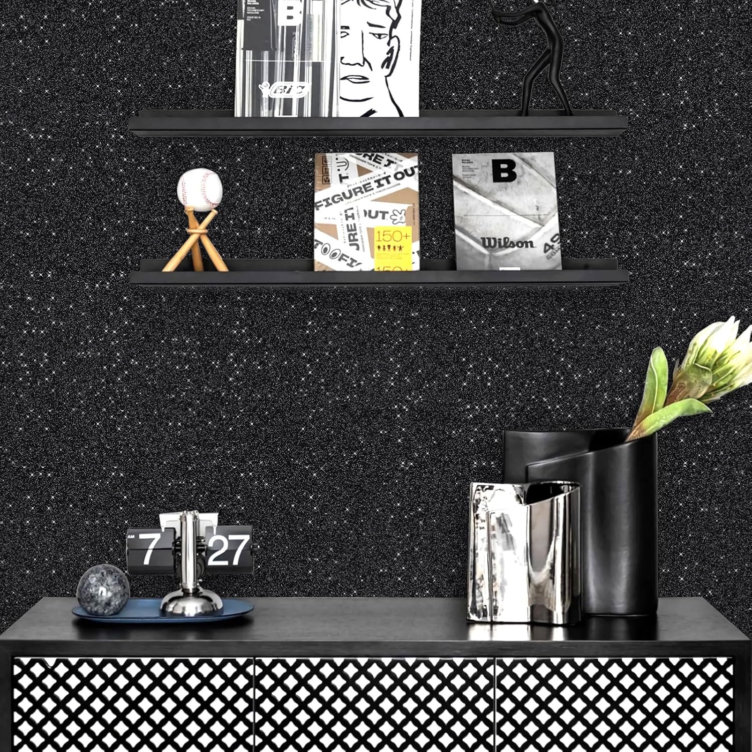 Black Glitter Peel and Stick Wallpaper 17.3" x 480" Sparkly Contact Paper Gift Wrapping Paper Removable Self-Adhesive Bling Wallpaper DIY Decorative for Bedroom Living Room