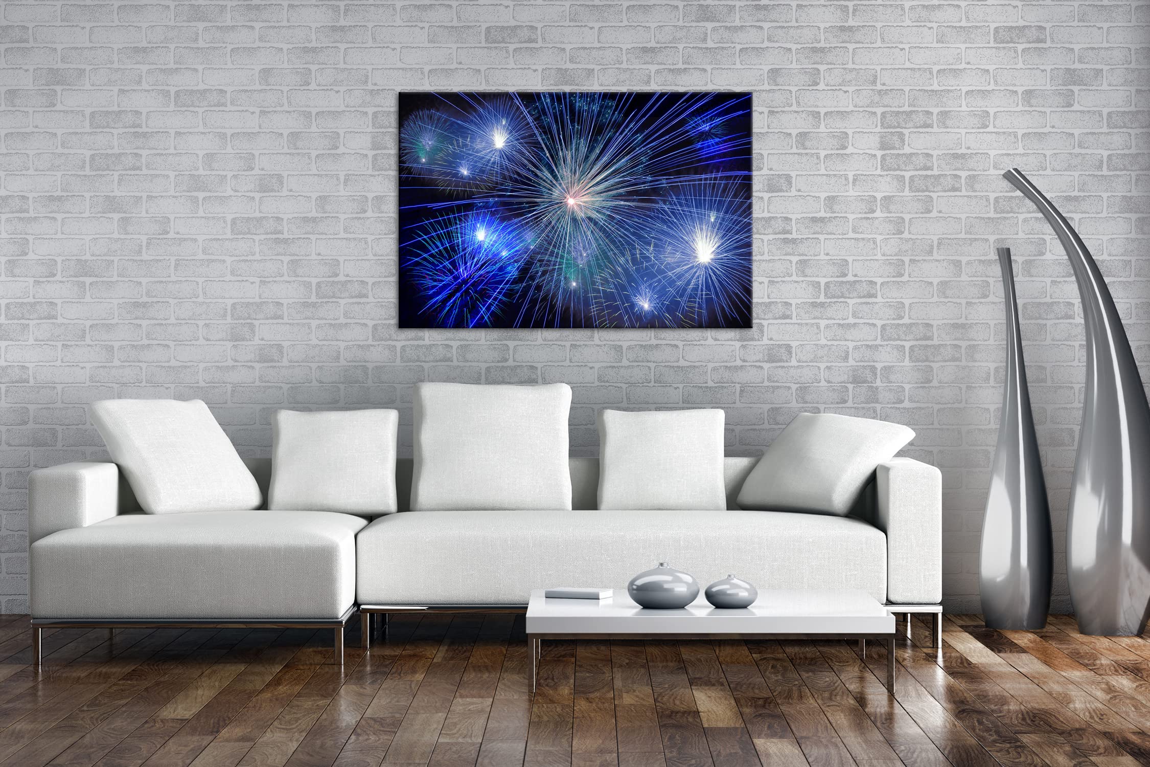 Salon avec feu d'artifice Photo sur Toile |Taille: 120x80 cm| Peinture Murale | Art Print | prêt Couvert