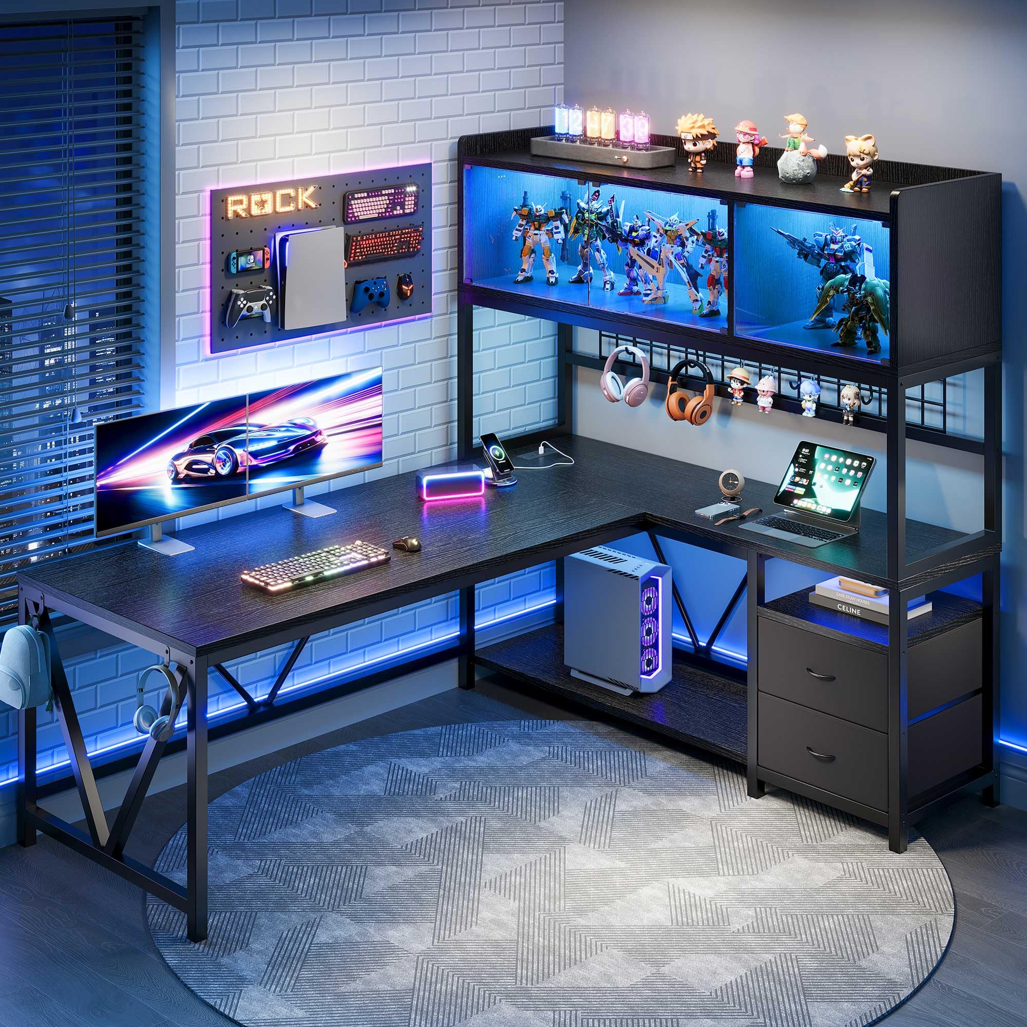 Photo 1 of [Missing Hardware] L Shaped Gaming Desk with Fabric Drawers and Power Outlet, Corner Computer Desk with LED-Lit Tempered Glass Display Cabinet, L Shaped Office Desk with Storage,PC Desk for Gaming and Home Office, Black