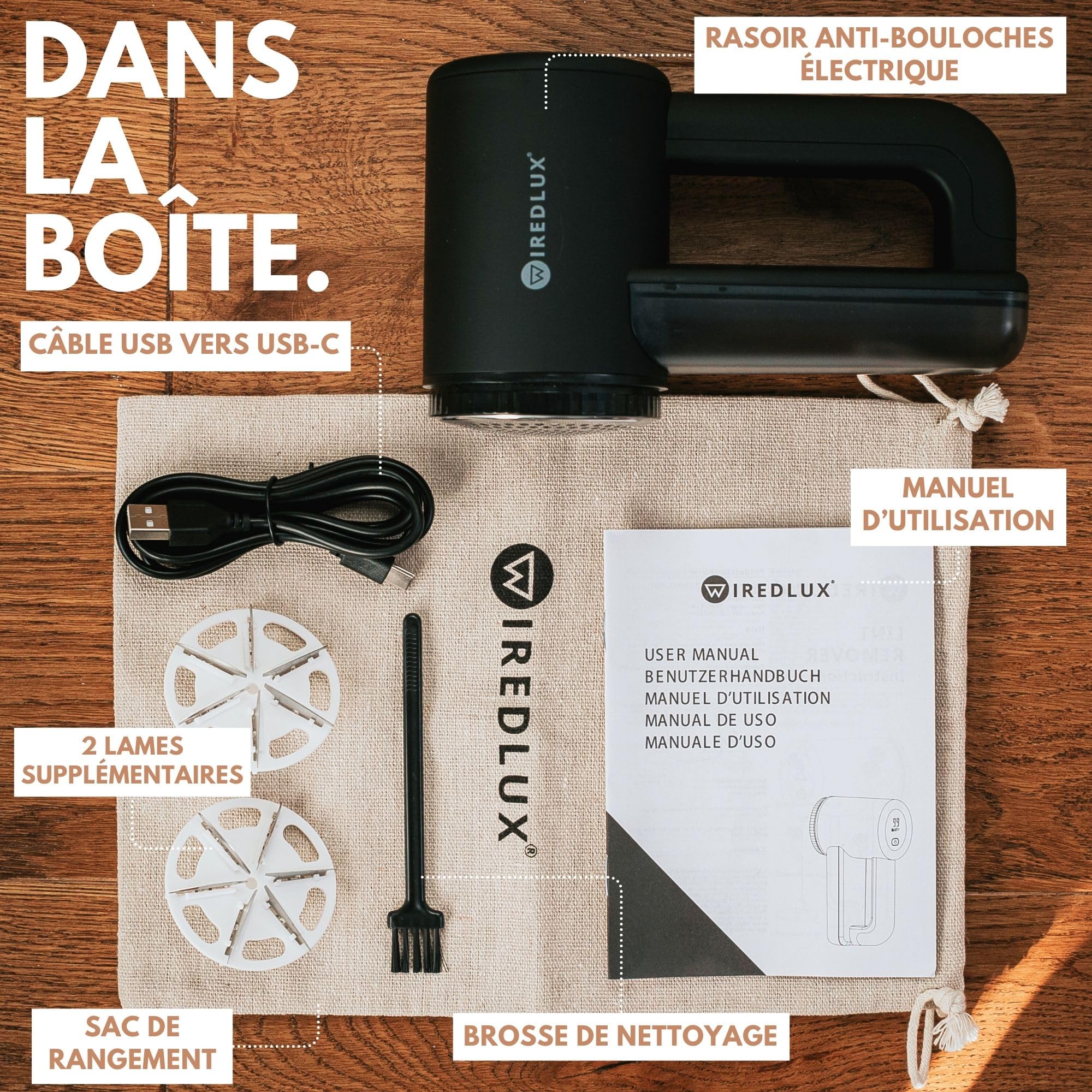 Rasoir Anti Bouloche Électrique WiredLux - Machine Anti Peluche Rechargeable pour Vêtement & Maison - Appareil Coupe Bouloches à 3 Vitesses, Lame à 6 Branches, Dual Protection