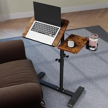 YUHFERA Rolling Table for Laptop Stand, Height and Angle Adjustable Over Bed Table with Wheels, Tilt-Top Laptop Desk for Couch with Cup Holder, Bed Table Tray for Eating Rustic