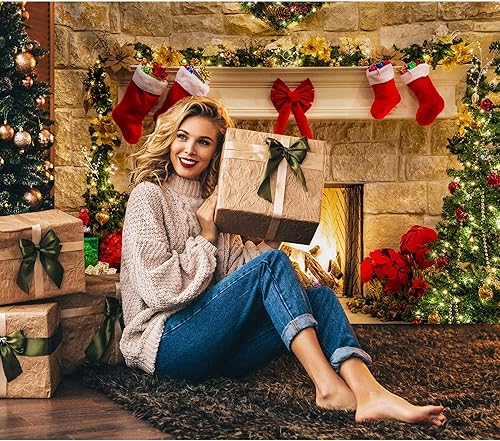 Miniatura 2 de Haboke Telón de fondo de chimenea de Navidad de 12 x 8 pies para fotografía, tela suave sin arrugas, calcetines de árbol, decoraciones de regalo