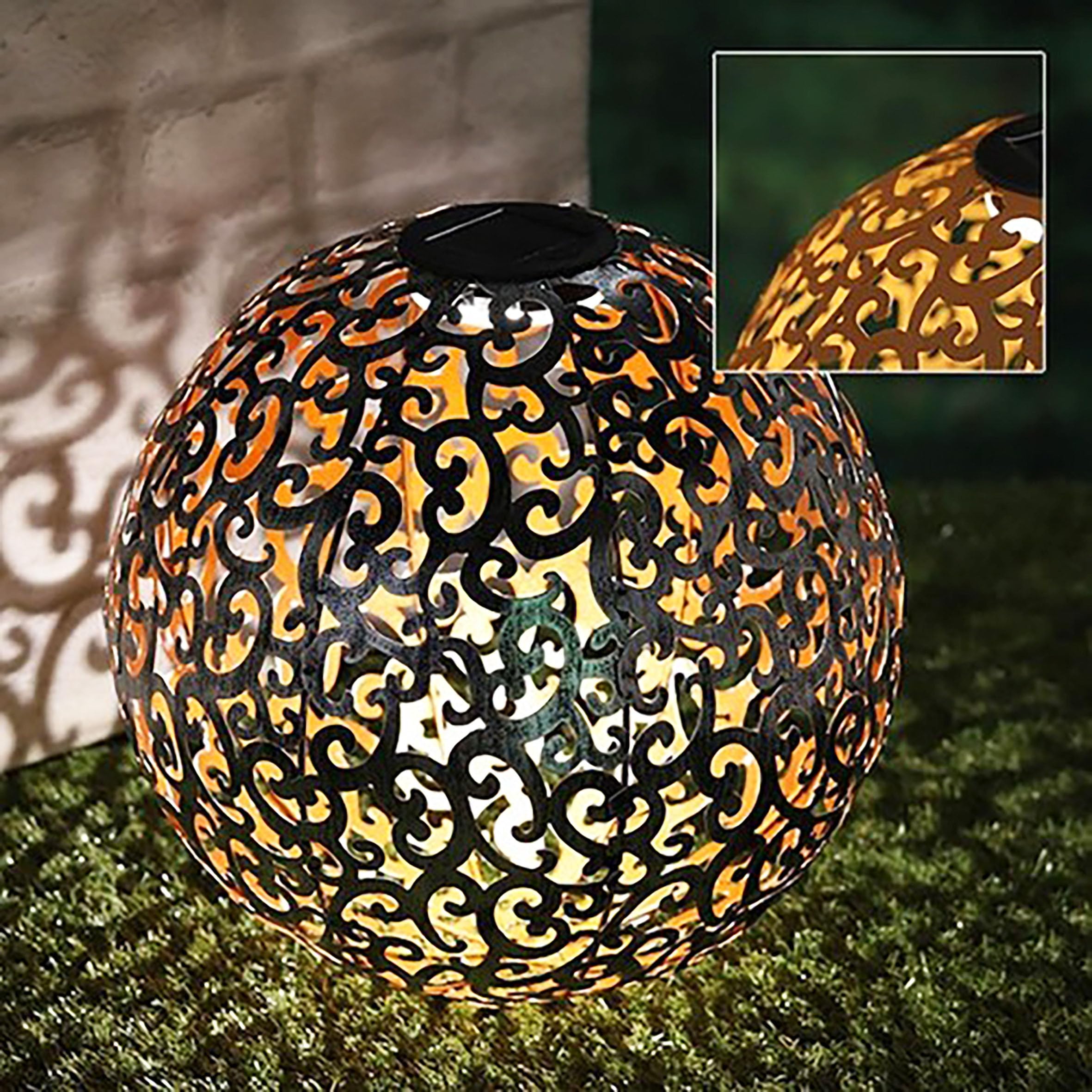 Boule décorative en métal - 28,5 cm - Solaire/lumineuse - Boule solaire blanc chaud aspect rouille