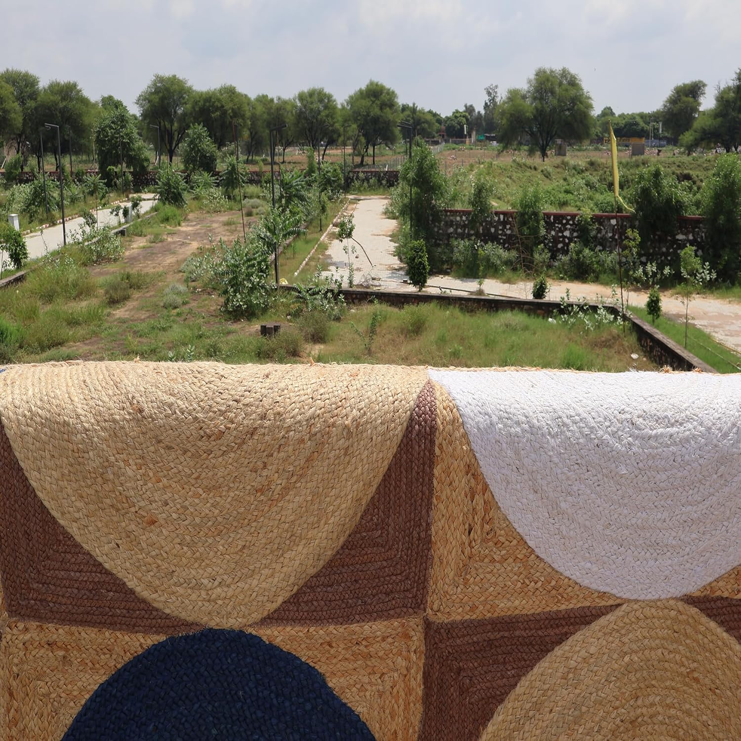 Jute Runner Rug 6x12 Non Slip for Hallway Area, Natural Fiber Area Rug Thick 0.27" Blue Half Moon Geometric Pattern Rugs for Entryway Laundry Kitchen Stairs Farmhouse Design Carpet