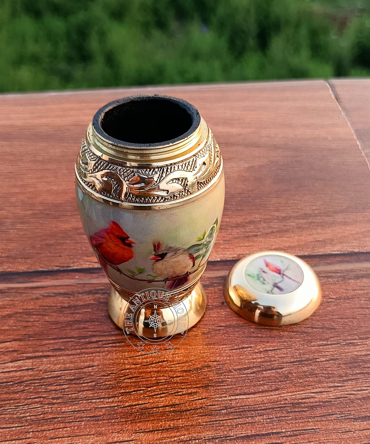 Brass Pretty Small Lovely Cardinal Couple Bird Keepsake Urn for Human Ashes with Blue Box Home Decor and Best Gifting Item for Your Relatives