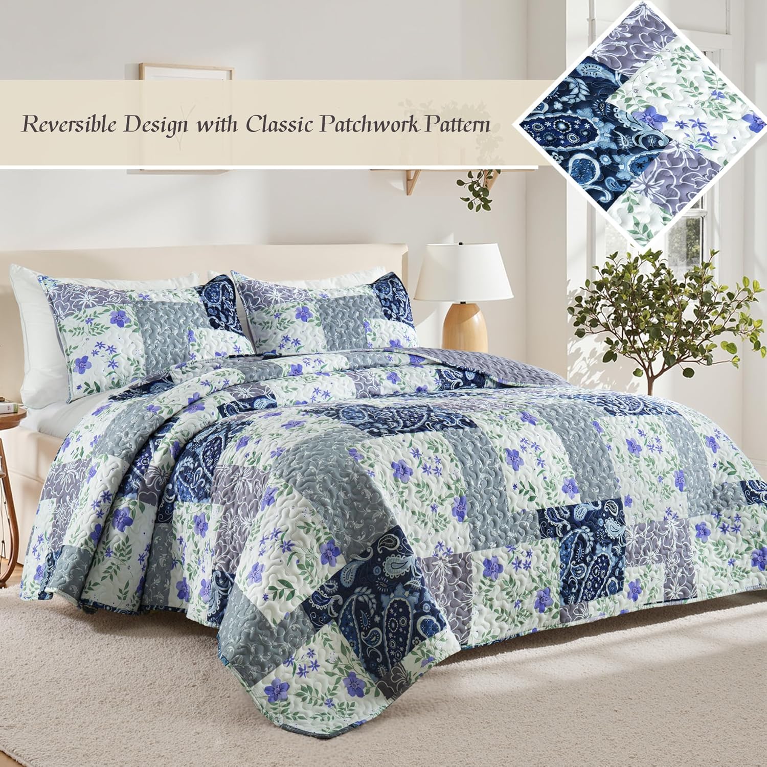 Whale Flotilla Patchwork Quilt Twin Size, Soft Boho Floral Bedspreads for Bed Reversible Lightweight Twin Quilt Bedding Set Coverlets with 1 Pillow Sham for All Seasons, Paisley Flowers - Image 2
