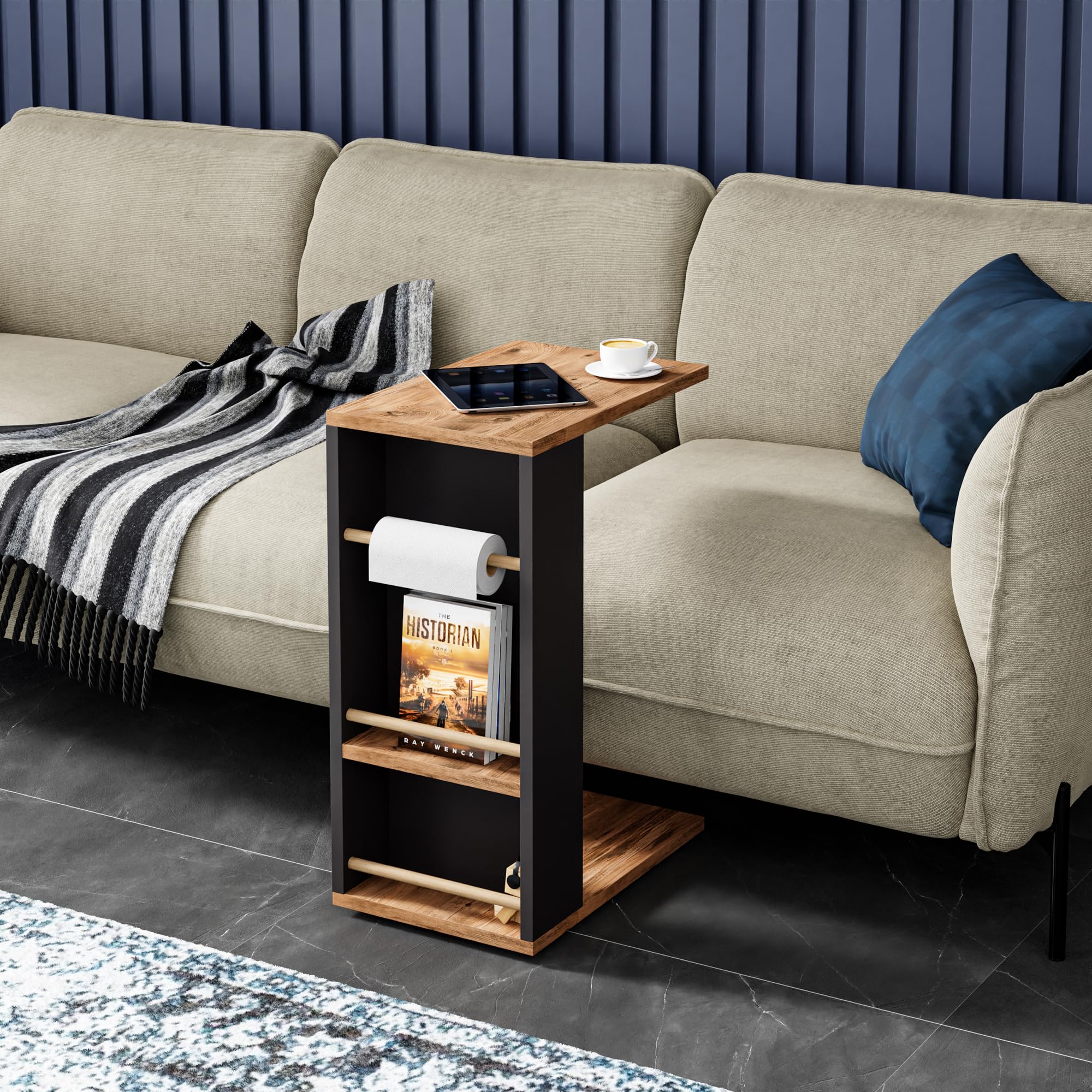 [en.casa] Tavolino Laterale da Divano Tavolino Basso a Forma di C Consolle a Rotelle e Scomparti con Barre Piano di Lavoro per Laptop 44 x 29 x 65 cm Effetto Legno/Nero