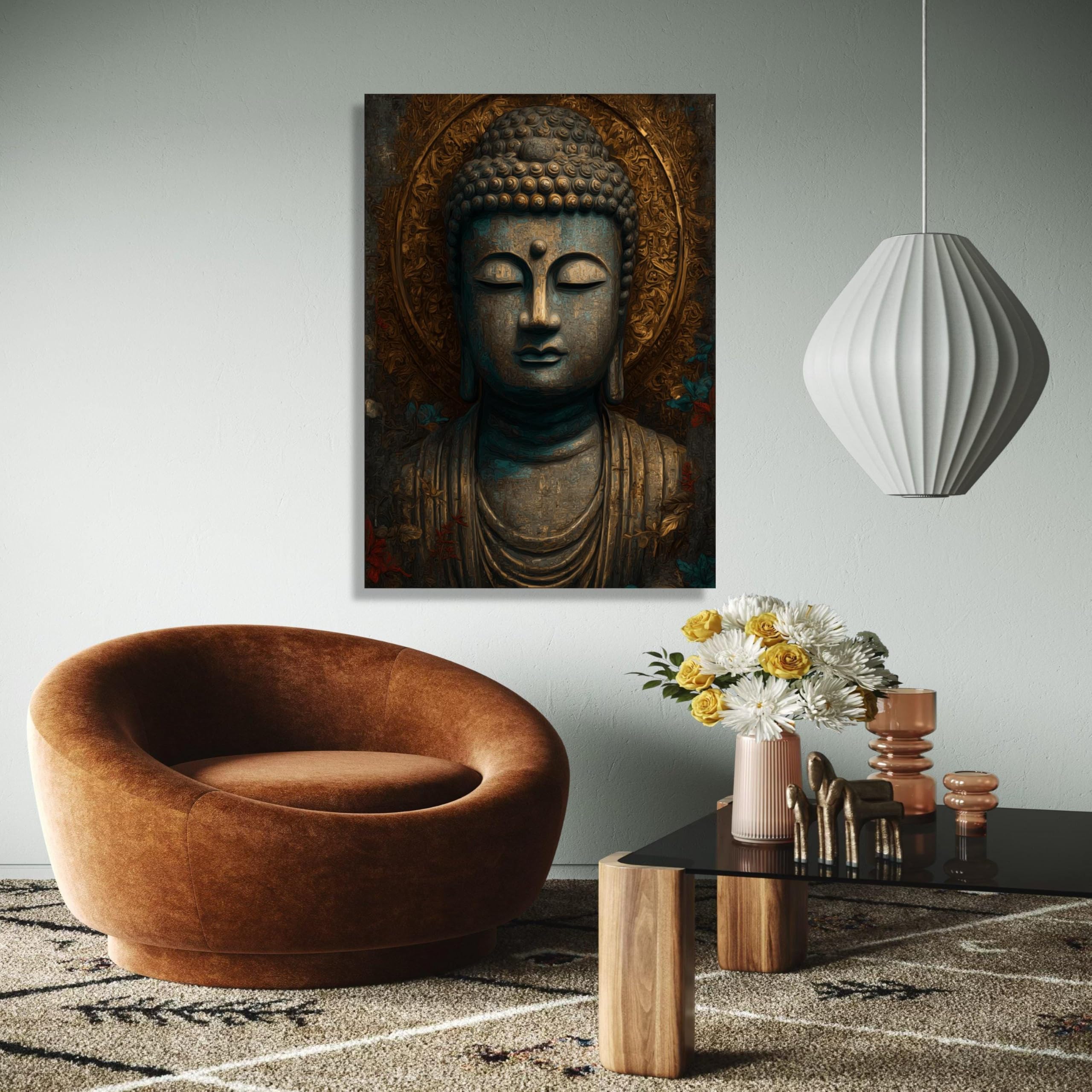 Dipinto di statua di Buddha sereno, arte murale spirituale, decorazione per meditazione, tela Zen Mindfulness, dorato ornato, arredamento per la casa (50x75 cm/cornice interna)