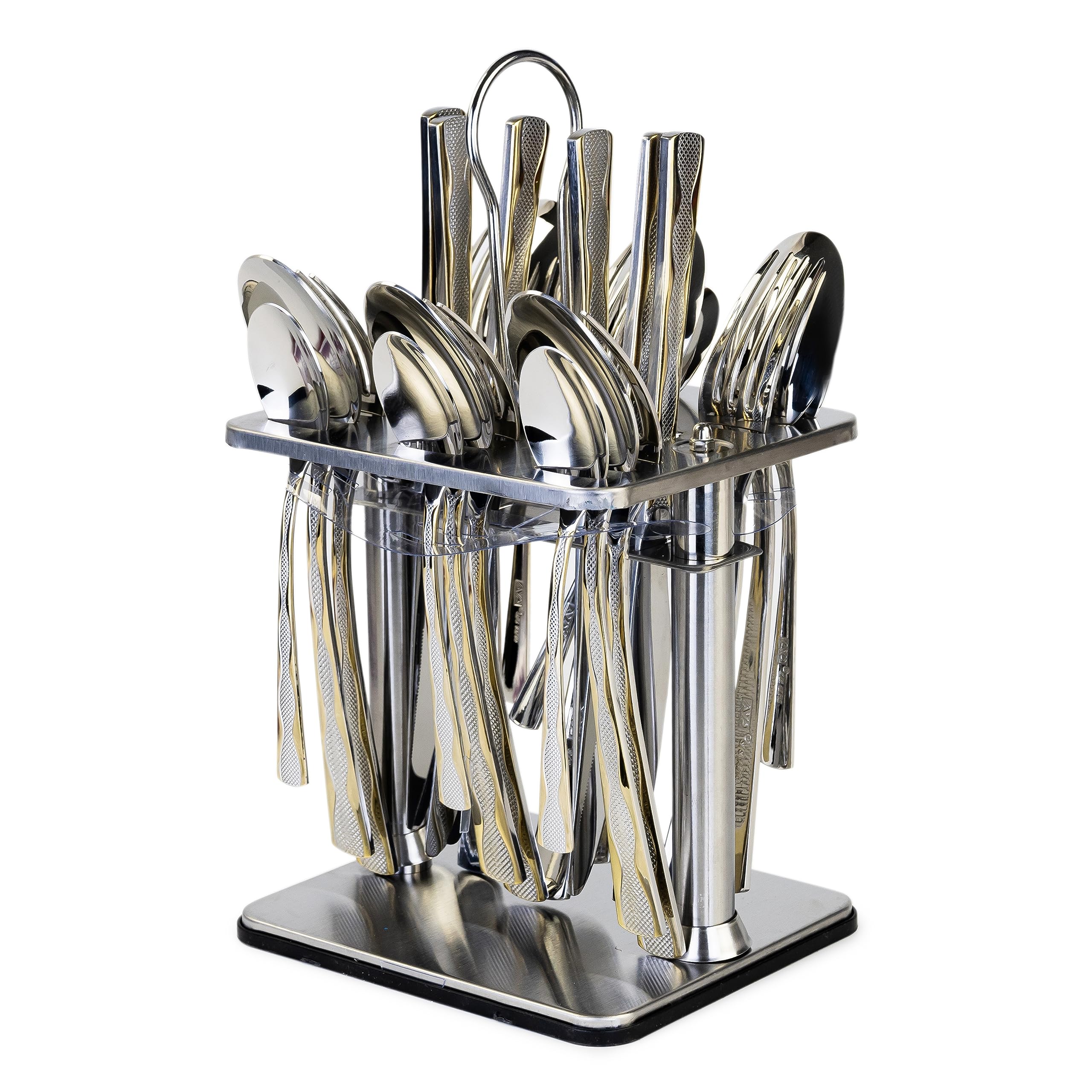 Cuisine Art Berger 24 Piece Silverware Flatware Cutlery Set with Square Stand, Stainless Steel Includes 6 Knife, Fork, Tea Spoon, Dinner Mirror Polished, Dishwasher Safe