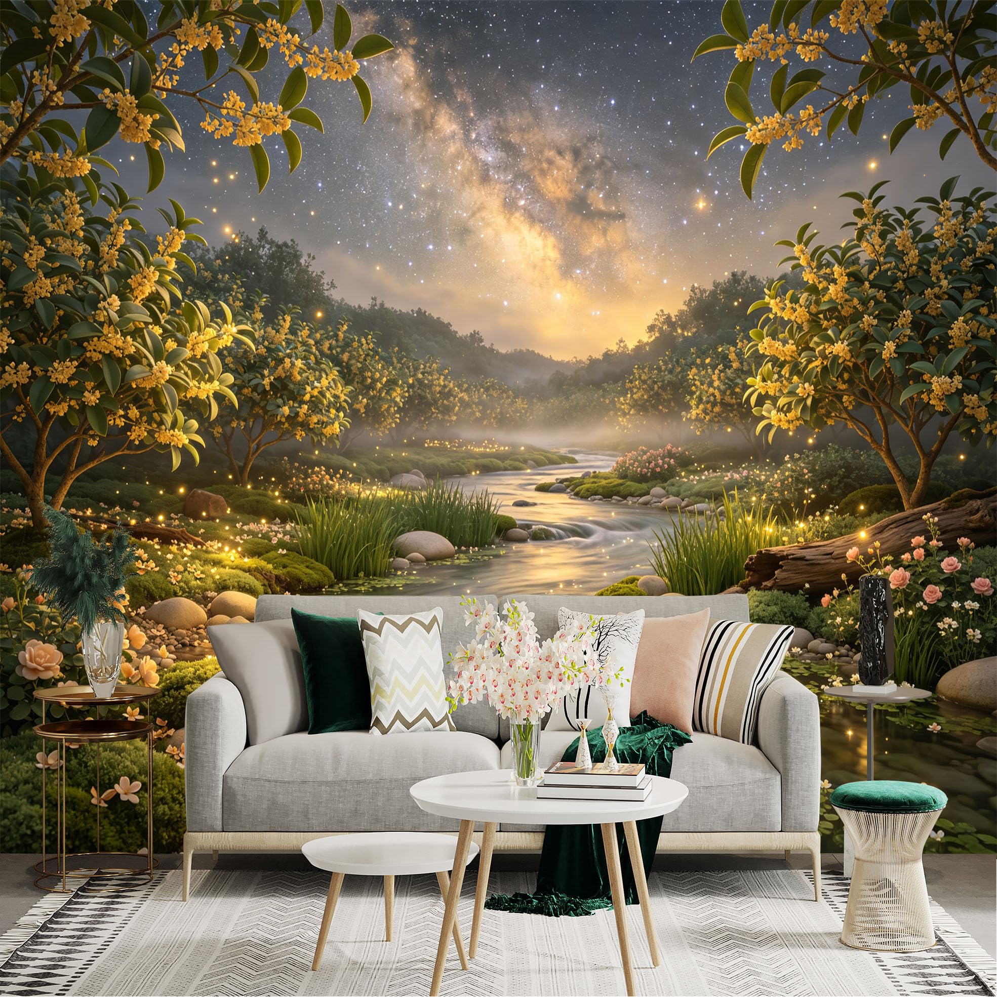 Lnzczhyre Bh260719171 Custom Size Wall Sticker Mural， Enchanted Forest Stream With Galaxy Sky， Glowing Blossoms， For Wall Decoration， Peelandstick Wall Decals.