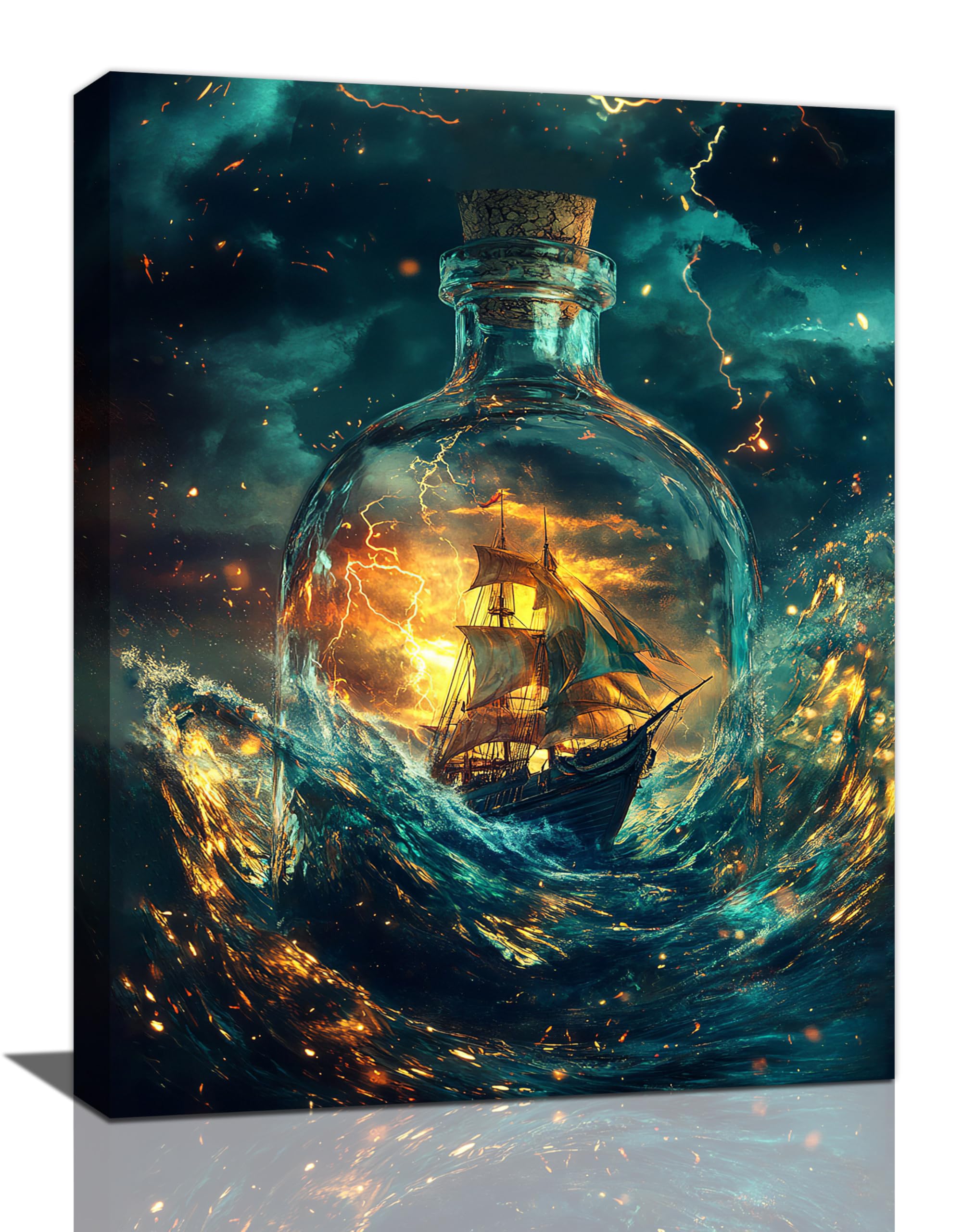Nautical Wall Decor, Coastal Sailing Ship Wall Art, Ship in a Bottle Canvas Prints Painting, Pirate Ship Posters Framed Artwork for Living Room Kitchen Bathroom Bedroom 16"x12"