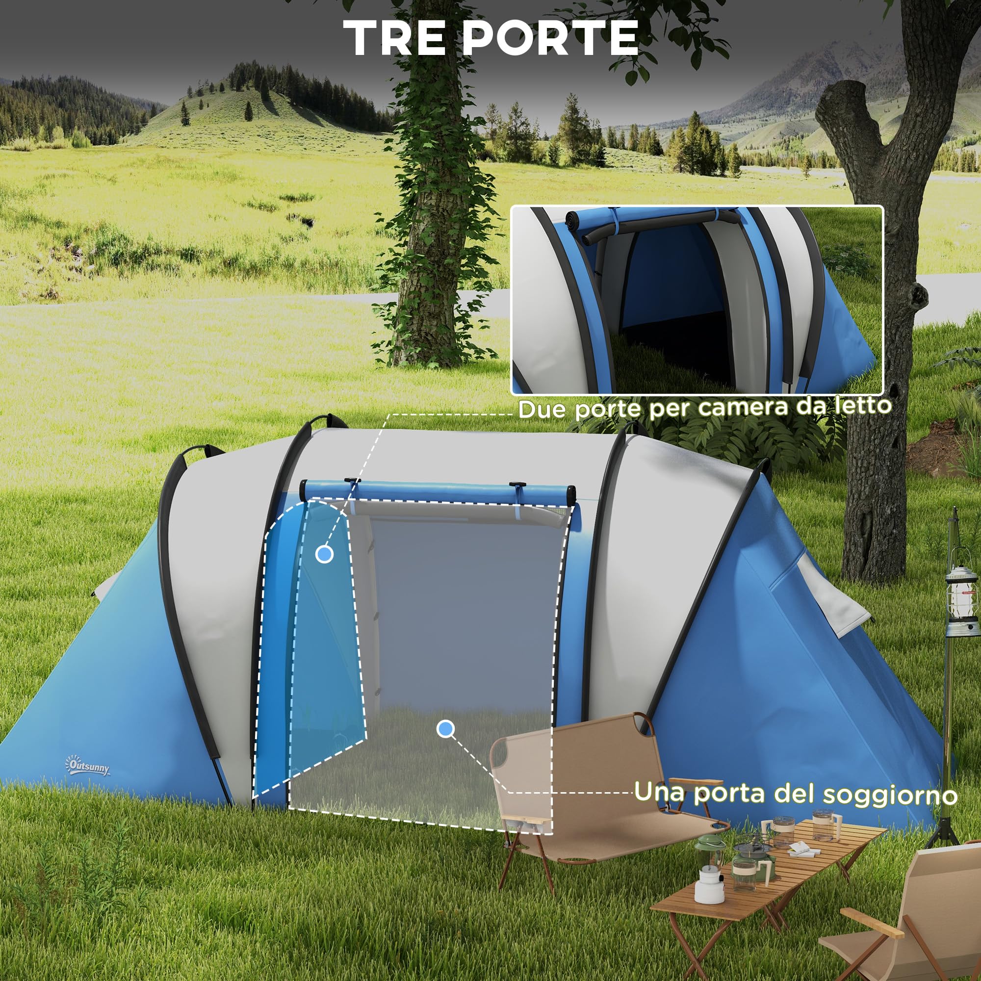 Outsunny Tenda da Campeggio 4-5 Posti con 2 Stanze e Borsa di Trasporto, Tenda a Tunnel Familiare Impermeabile 3000 mm, 220x450x180 cm, Blu