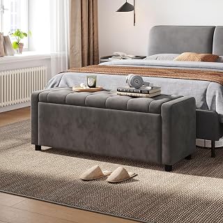 LINSY 49" Velvet Ottoman with Storage, Upholstered End of Bed Storage Bench, Large Ottoman Foot Rest for Living Room, Bedroom, Entryway, Hallway, Apartment, Dark Grey