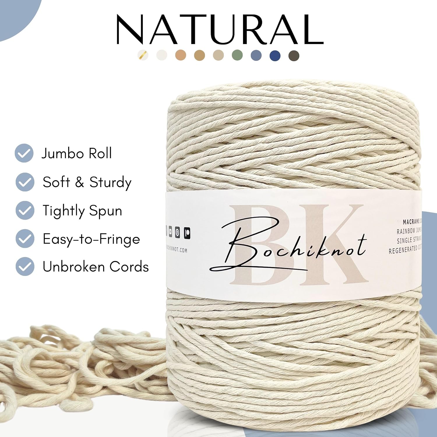 BOCHIKNOT Bulk Macrame Cord 4mm x 495yds - Single Strand Cotton Rope for Wall Hanging Plant Hanger - Crafts (Natural)