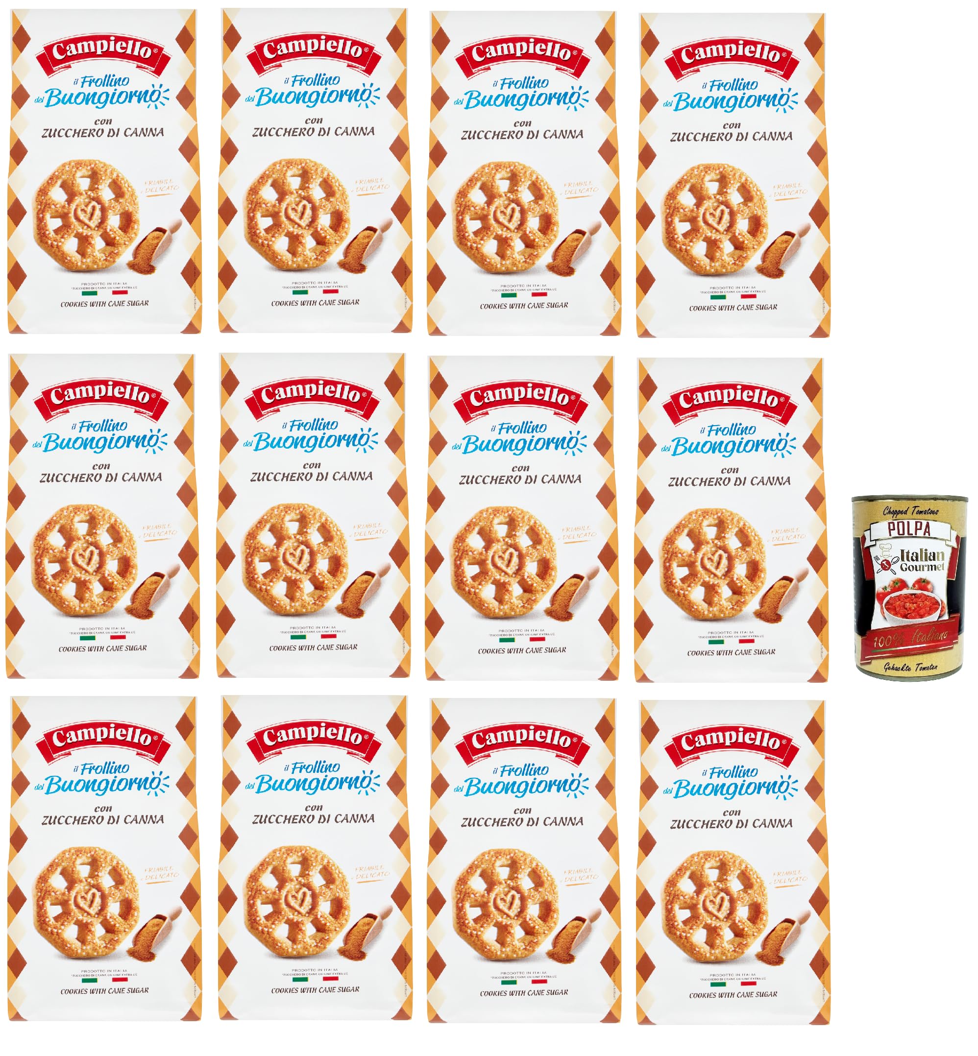 Campiello il Frollino del Buongiorno con zucchero di canna, Shortbread mit brauner Zucker, biscuits cookies 100% Italienische Kekse 12x 350g + Italian Gourmet polpa 400g