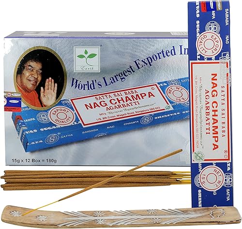 Satya Nag Champa - Varitas de incienso Satya Sai Baba Insenses 053oz x 12 unidades con soporte para incienso Raajsee incienso natural Satya Nag
