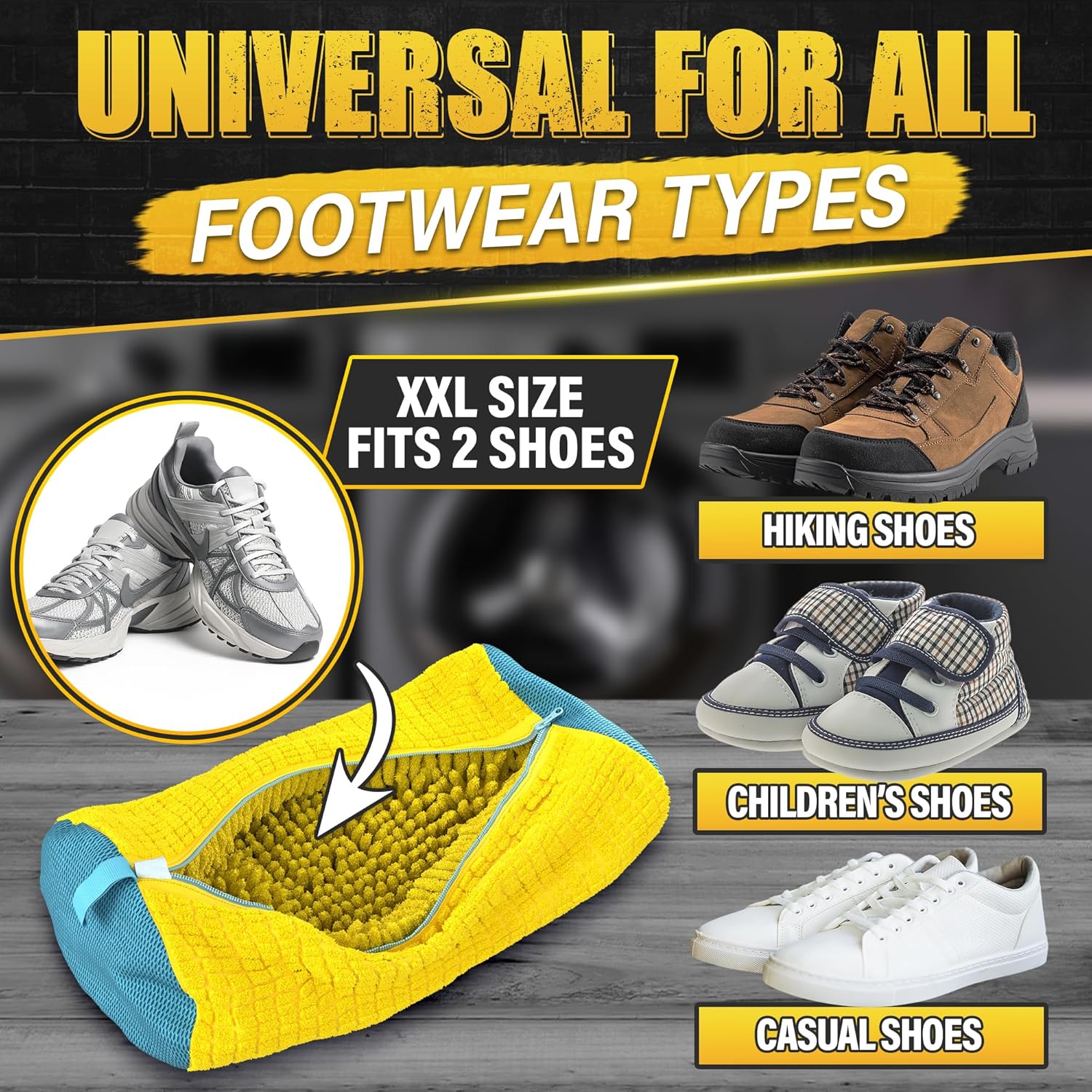 XXL Premium Shoe Bag for Washing Machine and Dryer Set of 2-360° Hands-Free Easy Cleaning - Reusable Shoe Laundry Bag with Zipper & Fluffy Fibers | Protects Sneakers from Scuffs & Damage | Yellow