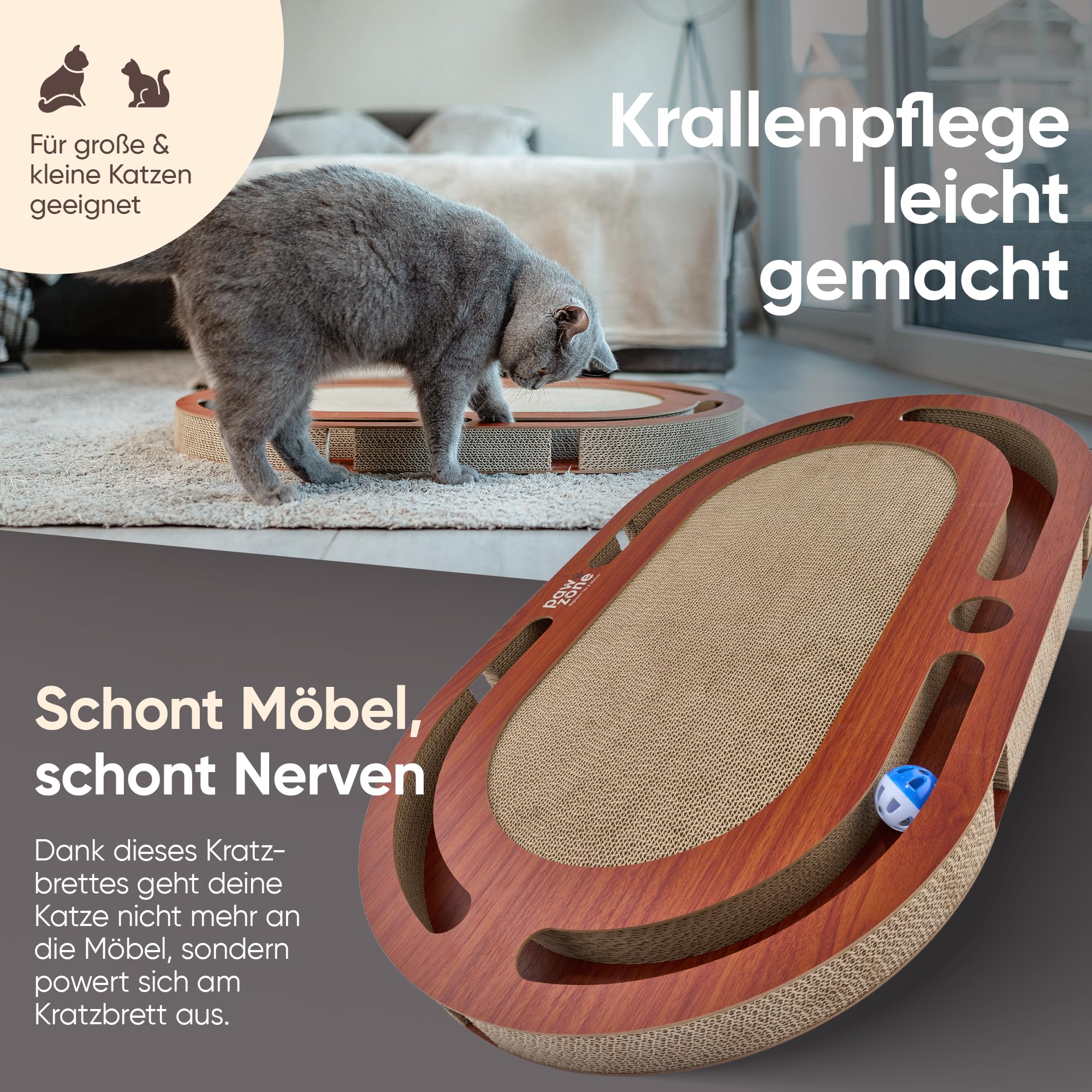 PAWZONE Rascador – se puede utilizar por ambos lados + cartón intercambiable – Incluye juguete para gatos – Cartón rascador XXL de alta calidad en MDF estable – Alfombrilla para rascar – Accesorios