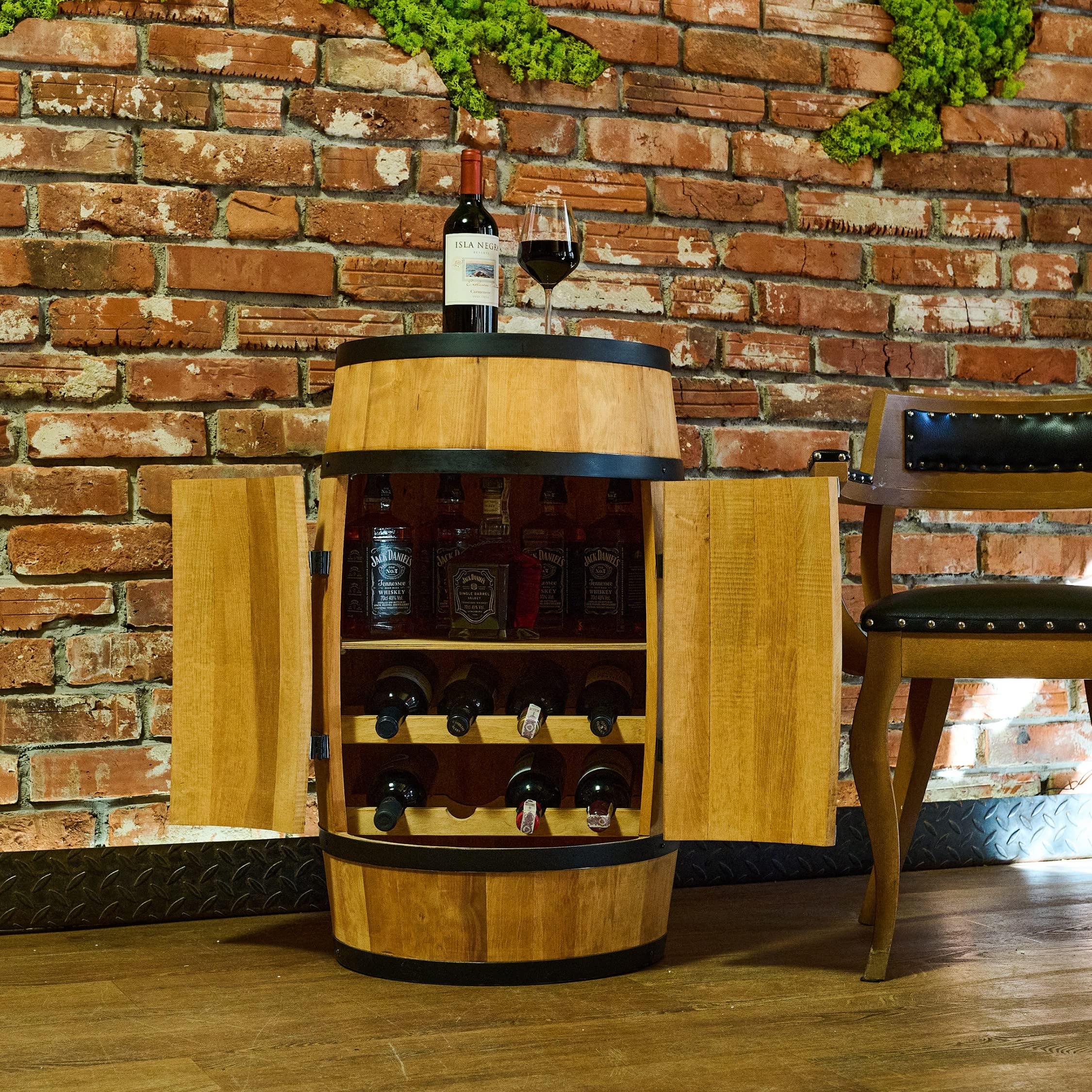 CREATIVE COOPER Tonneau à vin avec porte, chaise longue et étagère - Armoire à alcool - Étagère à bouteilles - Tonneau en bois - Meuble à vin - Étagère à vin - Casier à vin - 80 cm - Chêne