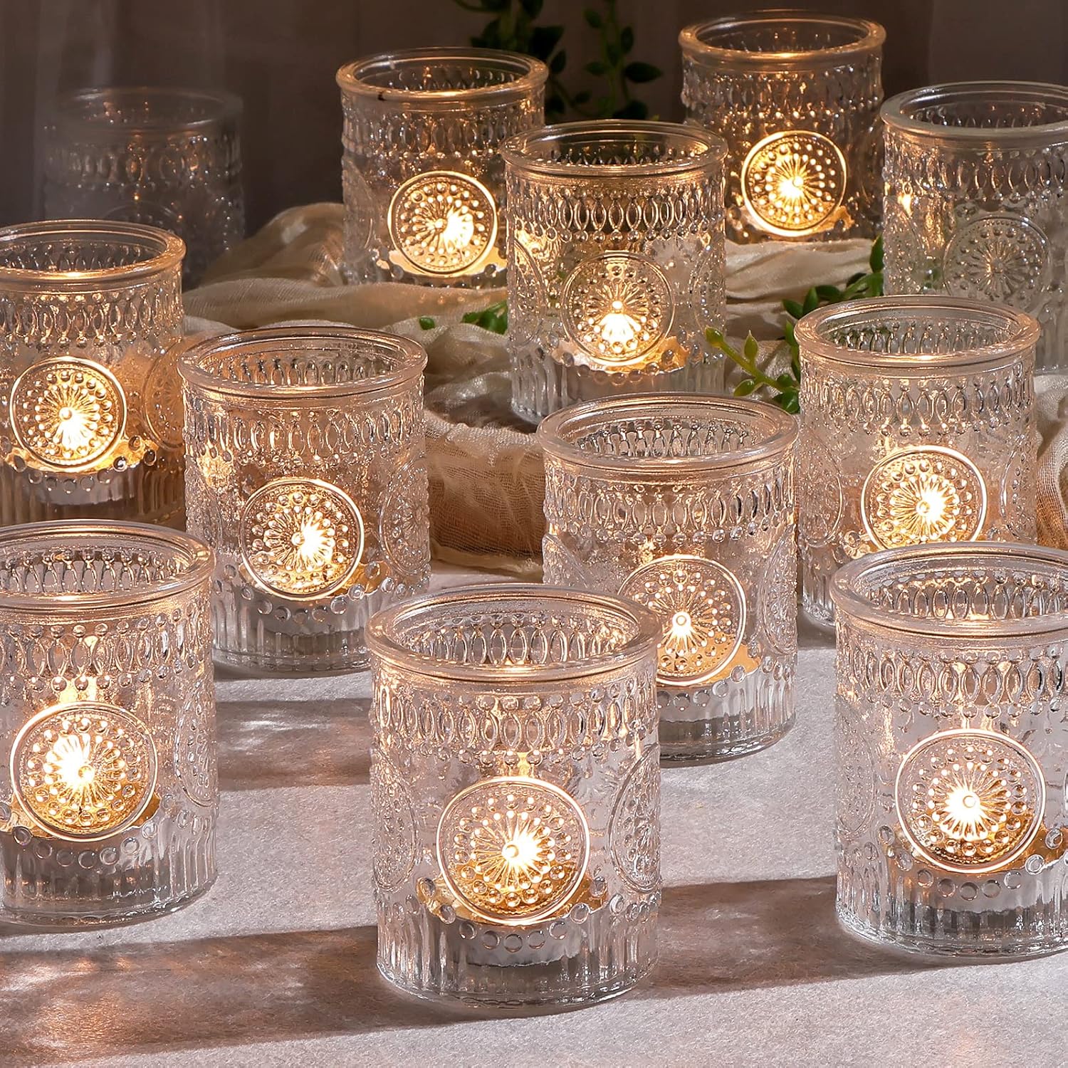 DEVI 24pcs Green Votive Candle Holders for Wedding, Glass Tea Lights Candle Holder, Green Baby Shower St. Patrick's Day Table Decor, Vintage Depression Glass Candle Holders for Table Centerpiece