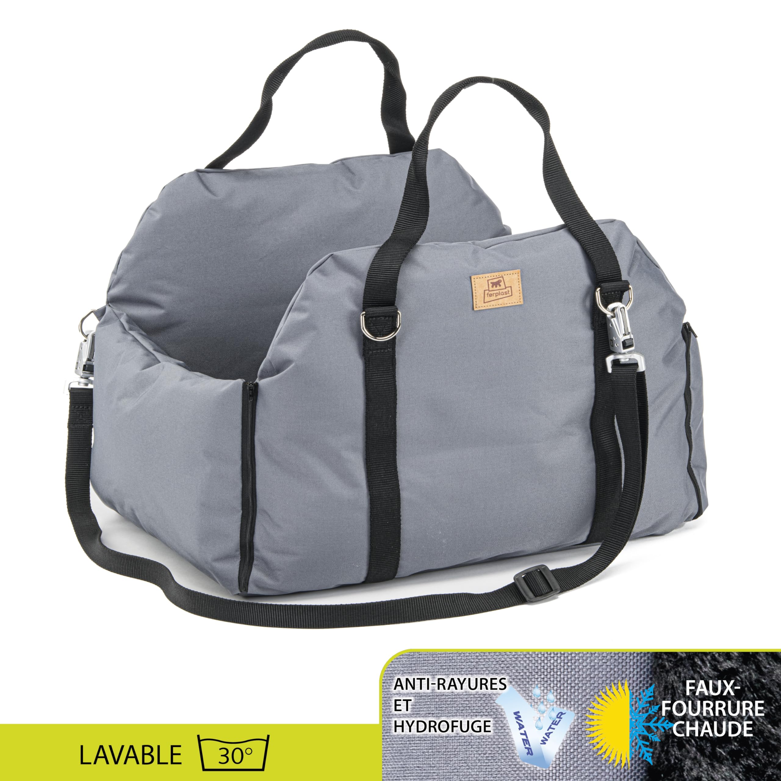 Ferplast Sac Transport Chienavec Bandoulière et Poignées, Coussin Réversible, Fixation au Siège et Mousqueton Magnétique, 52 × 46 x h 35 cm, Cruiser pour Chien, Transport en Voiture, Gris