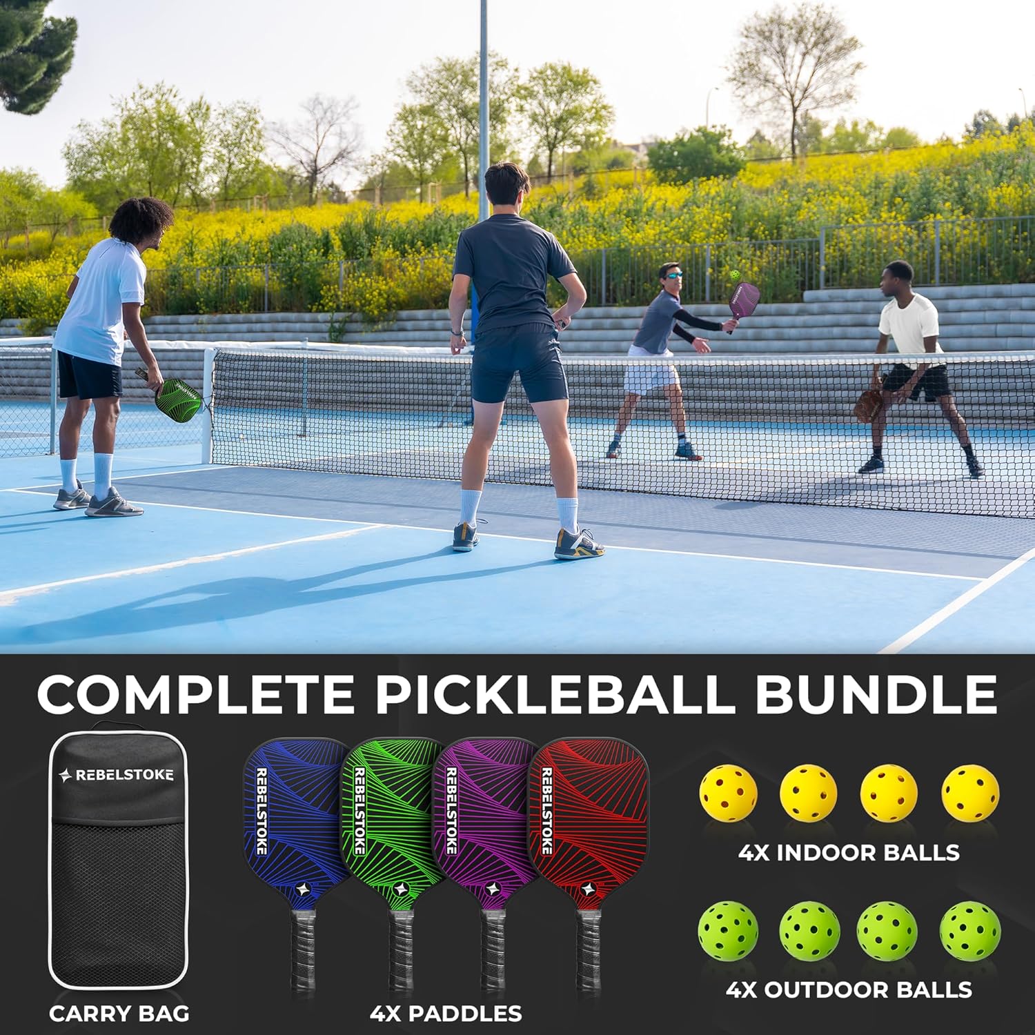Complete Pickleball Set of 4 with Bag, Pickle Ball Paddle Set of 4, Designed in The USA, Pickleball Racket for Adults Comfort Grip, Indoor Outdoor Pickle Ball Kit, Pickleball Paddles 4 Pack - Image 6