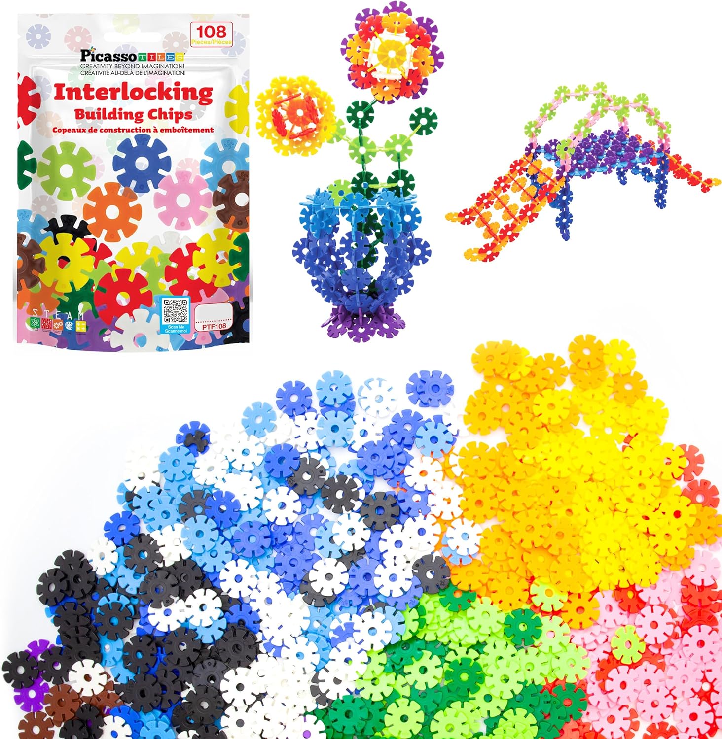PicassoTiles Building Chips Interlocking Disc Construction Blocks in 12 Colors STEM Learning Early Education Toy Engineering Playset Child Brain Development for Toddlers Girls Boys Kids Age 3+ PTF108