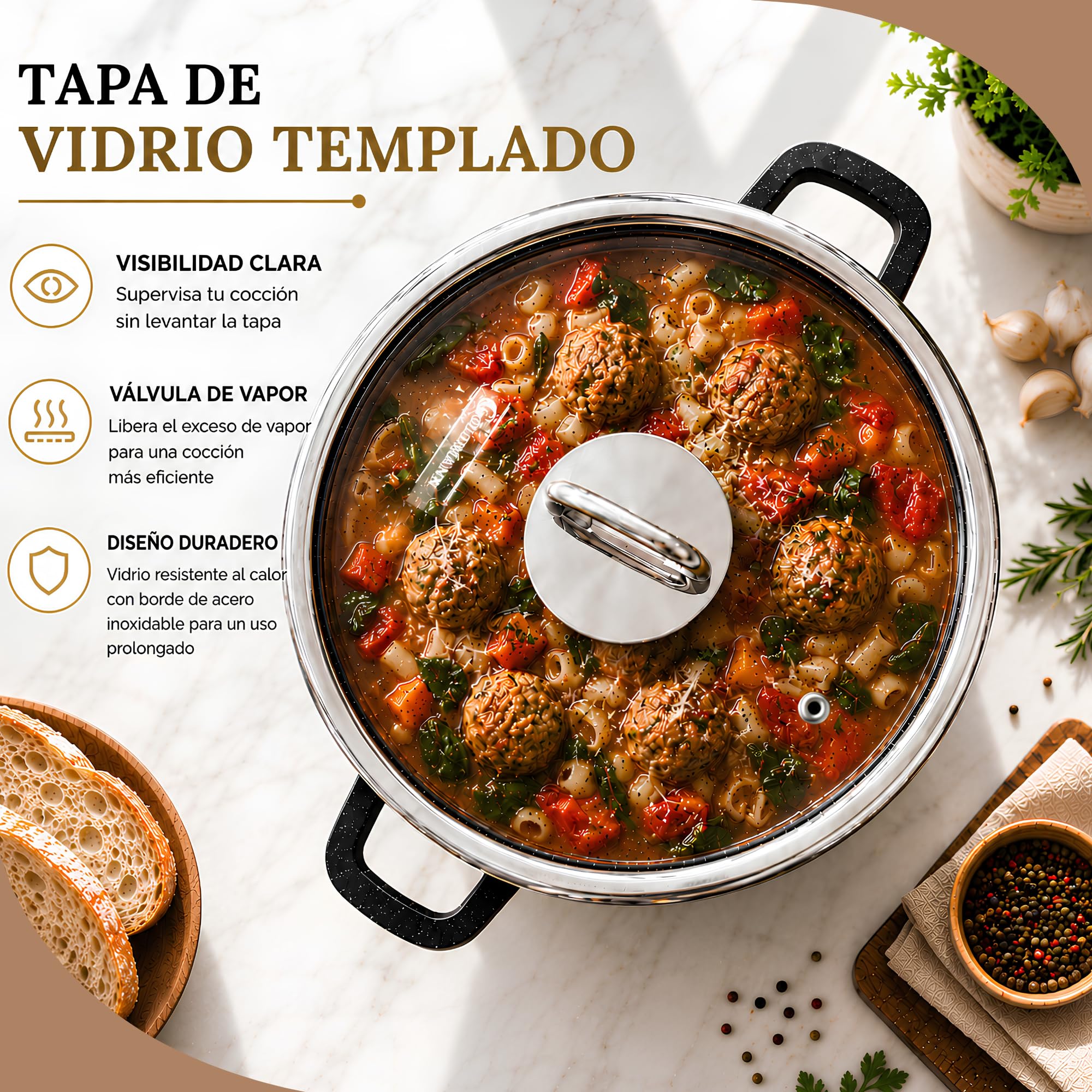 Olla cocina aluminio fundido GOLDMANN, 28 cm - 6.5 L, con revestimiento antiadherente de mármol cerámico, tapa de vidrio, apta para inducción y todo tipo de cocinas, apta para horno y libre de PFOA.
