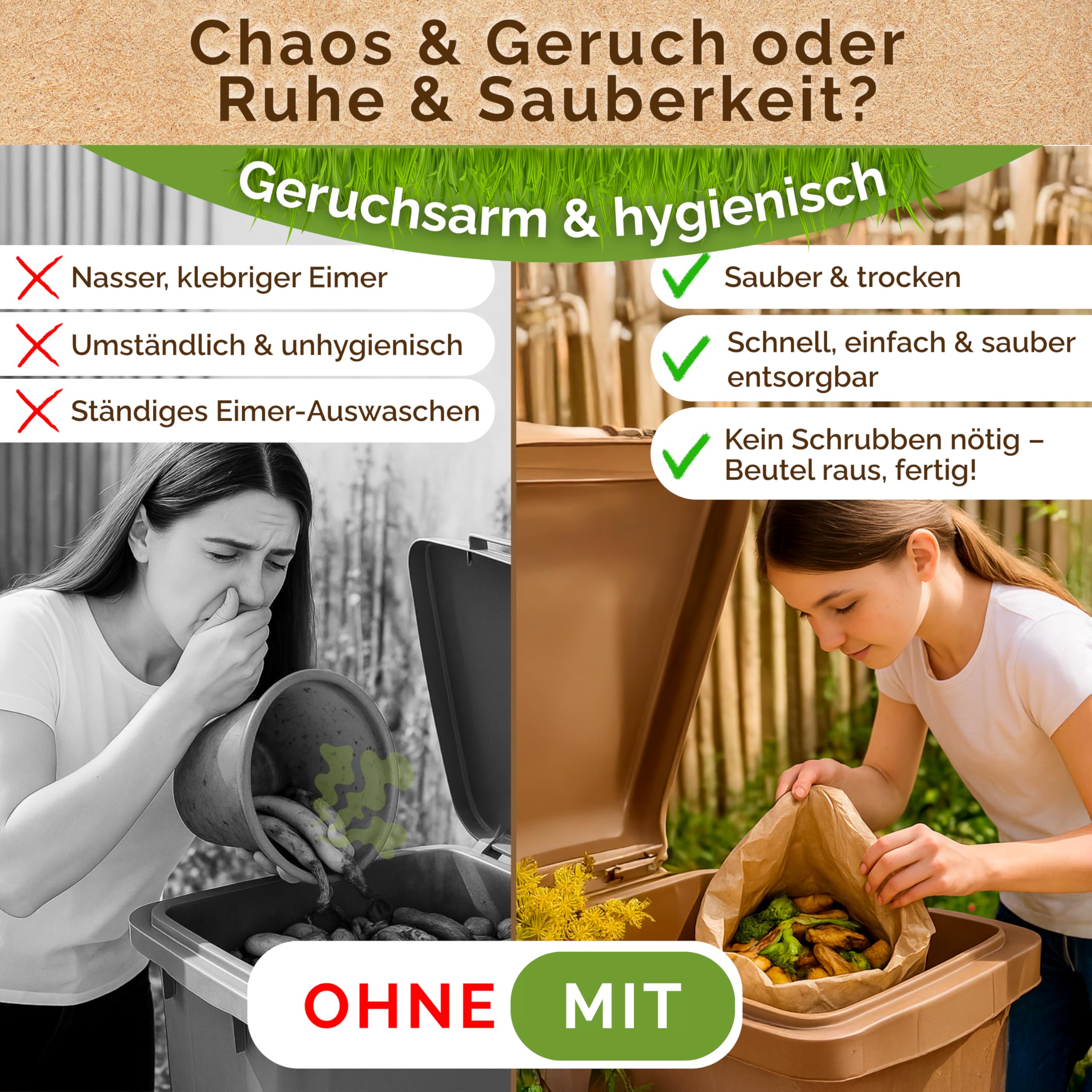 Premium Biomüllbeutel 20L - 50 Stück Bio müllbeutel Extra reißfest &Nassfest Biomülltüten Papier für Küche Biomülleimer & Biotonne | Papiertüten plastikfrei, umweltfreundlich & kompostierbar