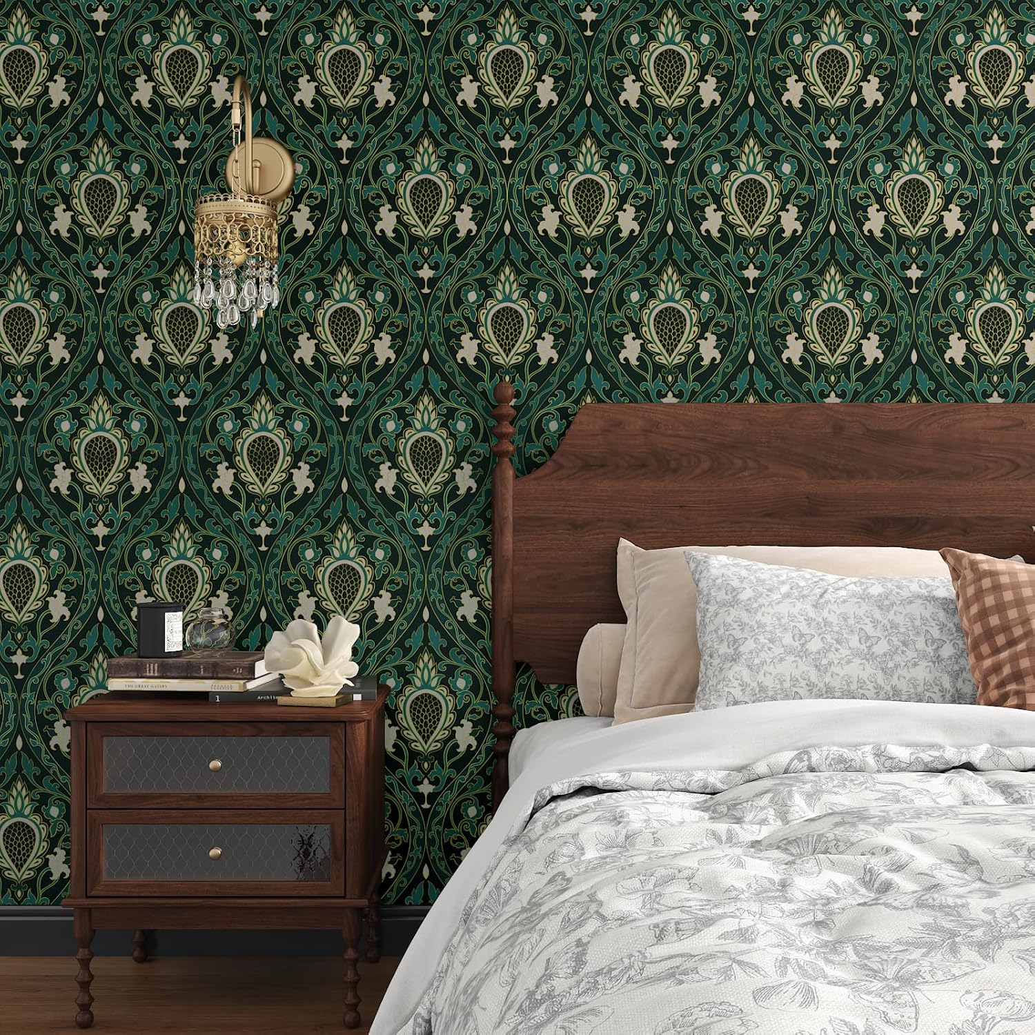 Vintage Peel and Stick Wallpaper Dark Green Contact Paper Vintage Paisley Wallpaper Floral Contact Paper Leaf Self Adhesive Removable Wallpaper for Bedroom Bathroom Decorative Vinyl 17.5"×118"